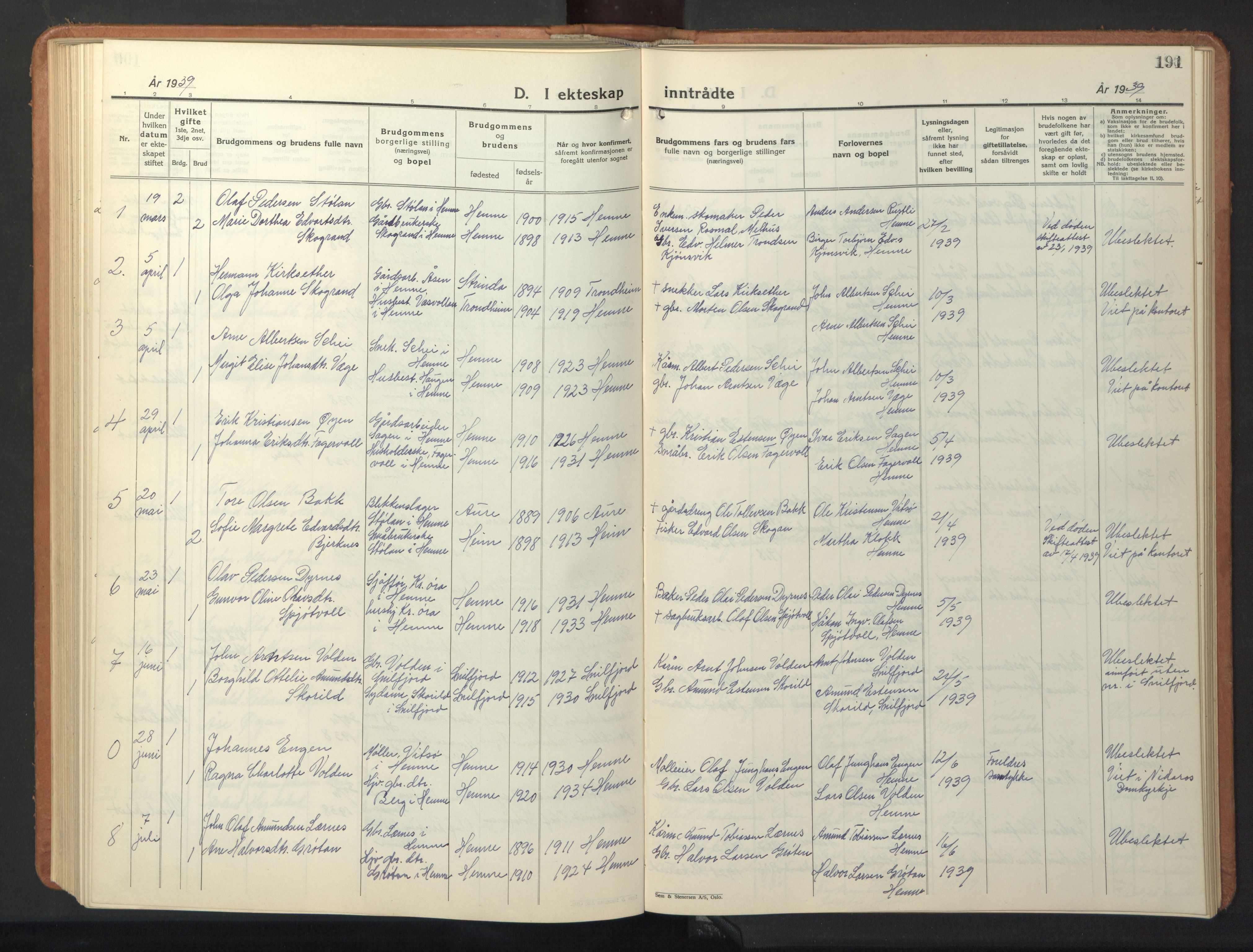 Ministerialprotokoller, klokkerbøker og fødselsregistre - Sør-Trøndelag, SAT/A-1456/630/L0508: Parish register (copy) no. 630C06, 1933-1950, p. 191