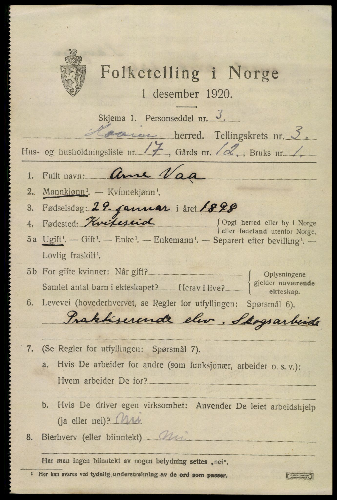 SAKO, 1920 census for Hovin, 1920, p. 1149