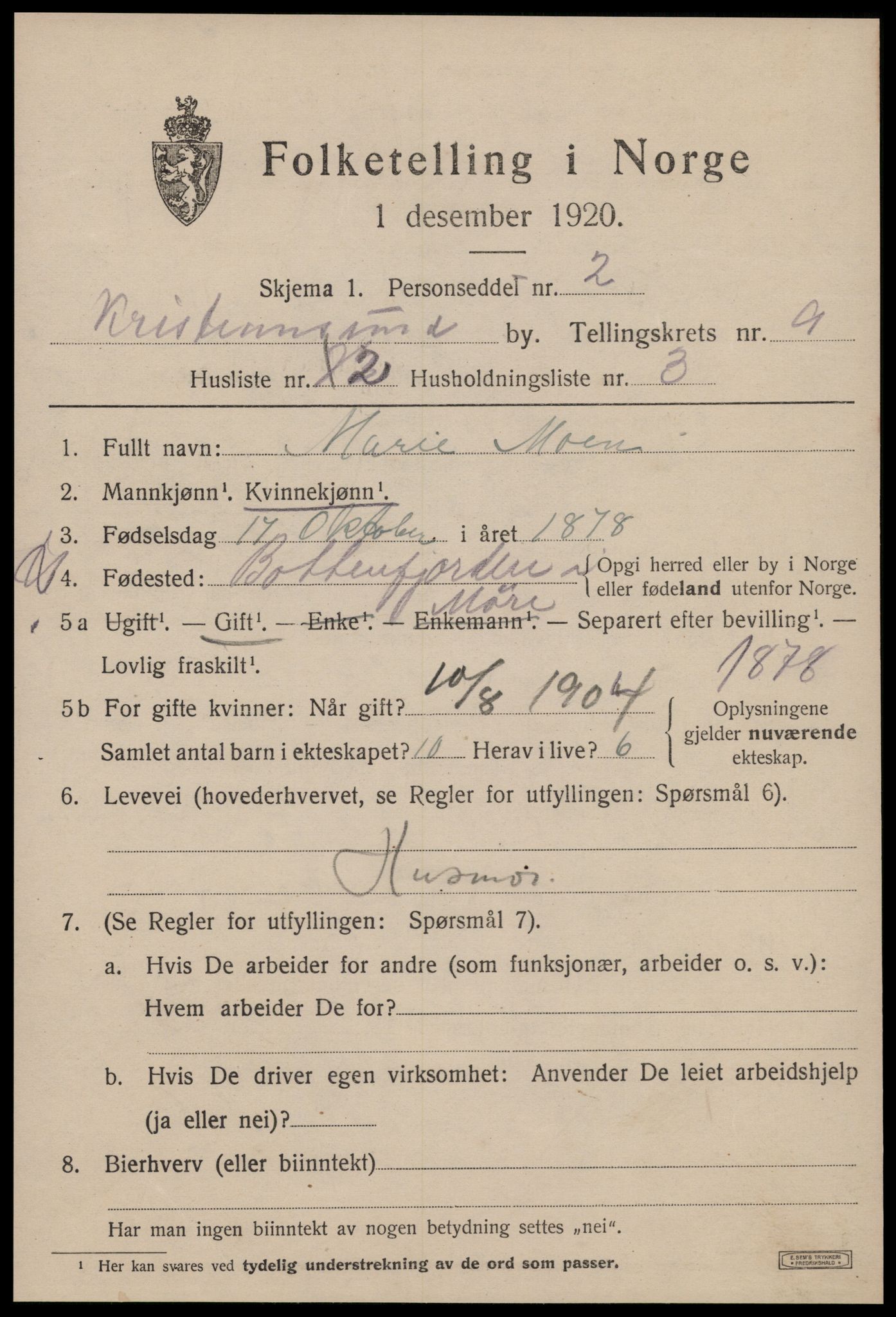 SAT, 1920 census for Kristiansund, 1920, p. 22071