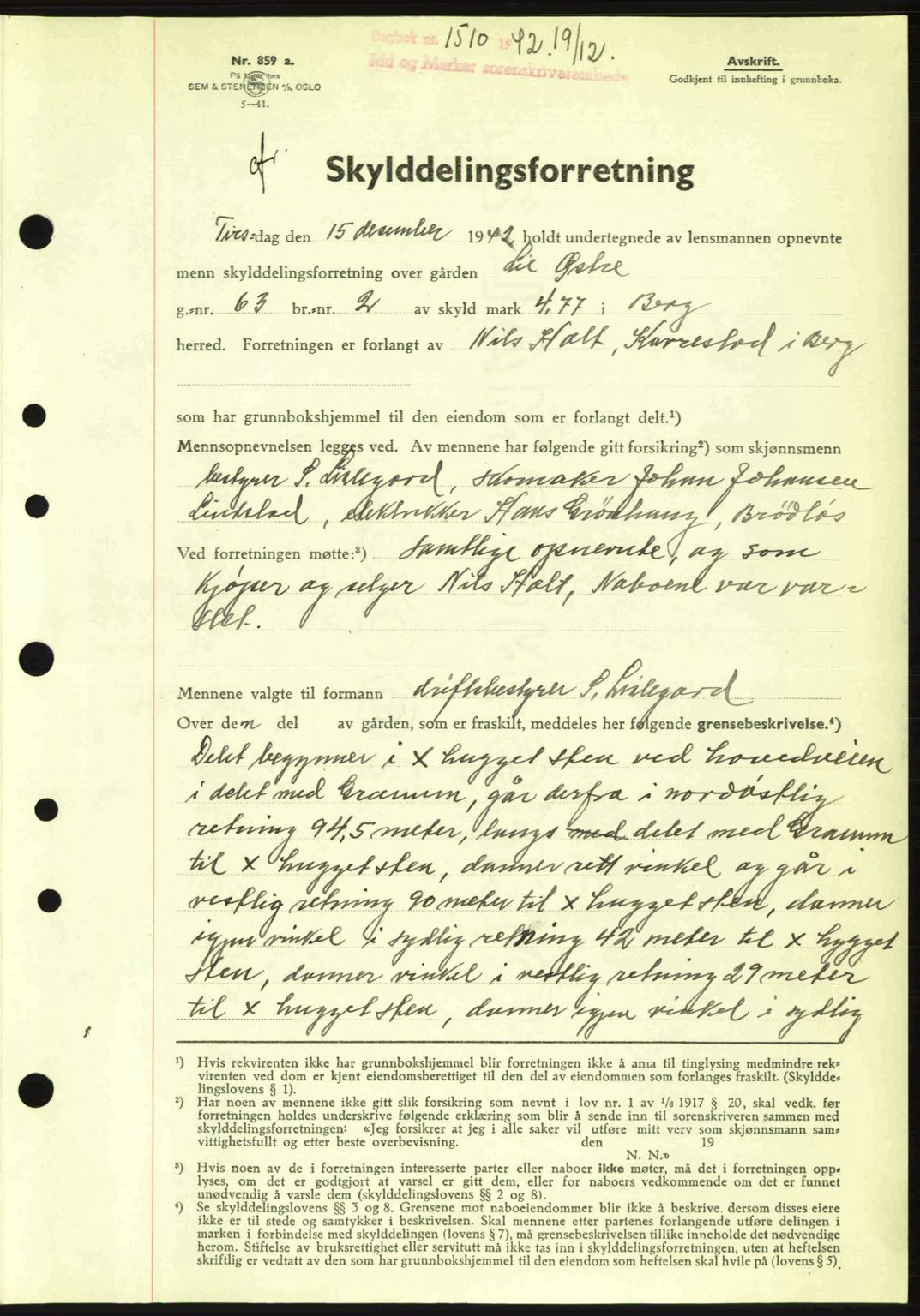 Idd og Marker sorenskriveri, AV/SAO-A-10283/G/Gb/Gbb/L0005: Mortgage book no. A5, 1941-1943, Diary no: : 1510/1942