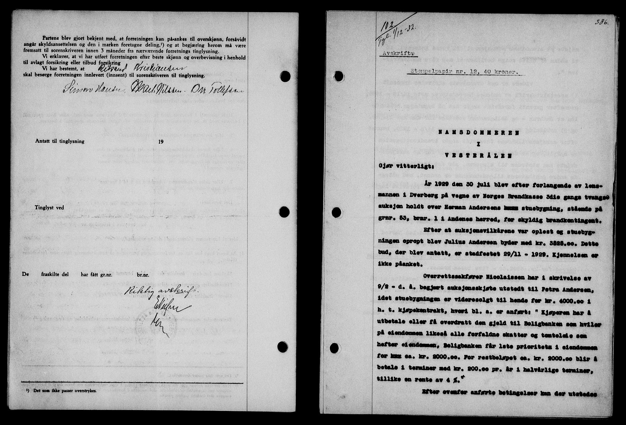 Vesterålen sorenskriveri, SAT/A-4180/1/2/2Ca/L0056: Mortgage book no. 49, 1932-1933, Deed date: 01.12.1932