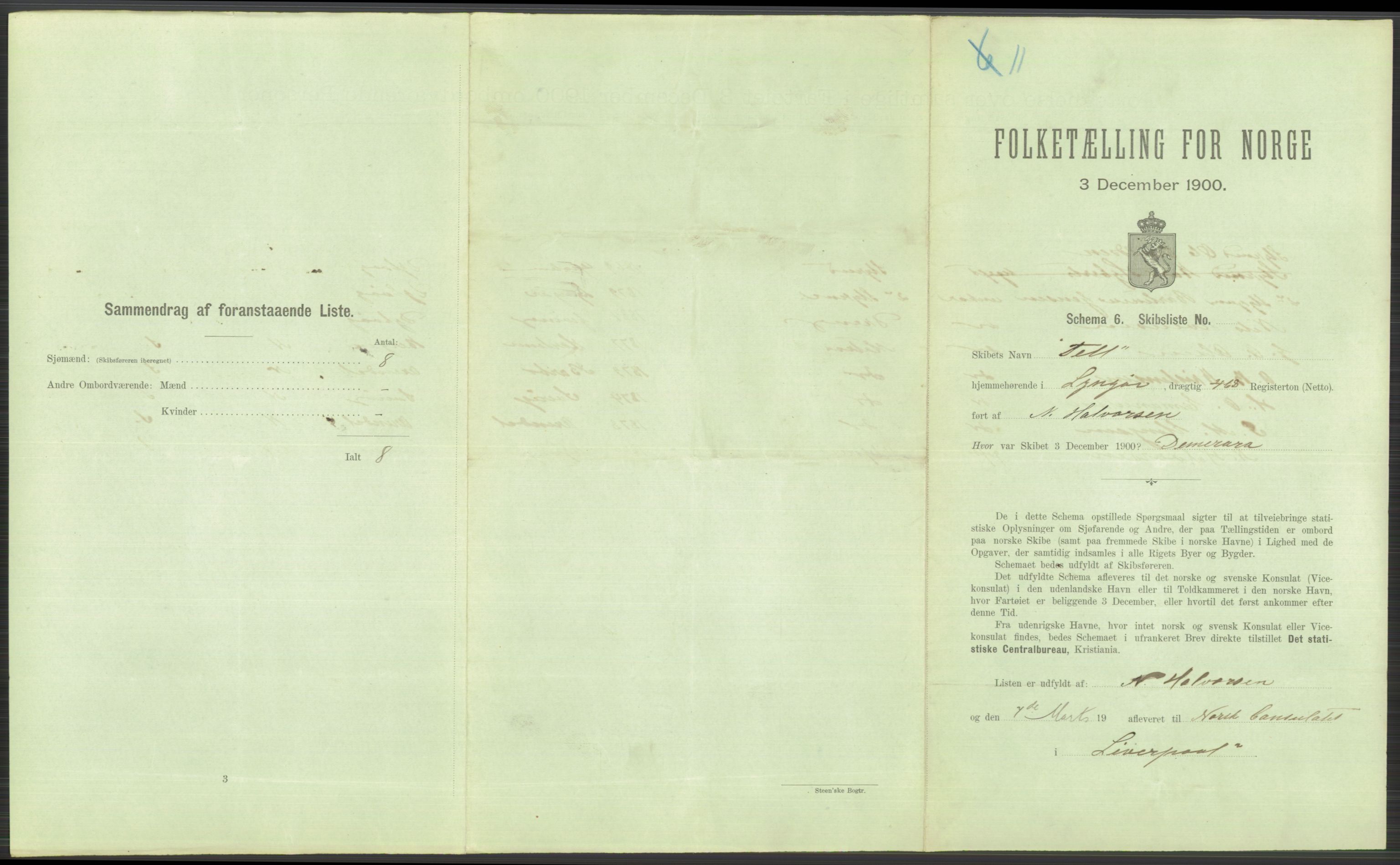 RA, 1900 Census - ship lists from ships in Norwegian harbours, harbours abroad and at sea, 1900, p. 4911