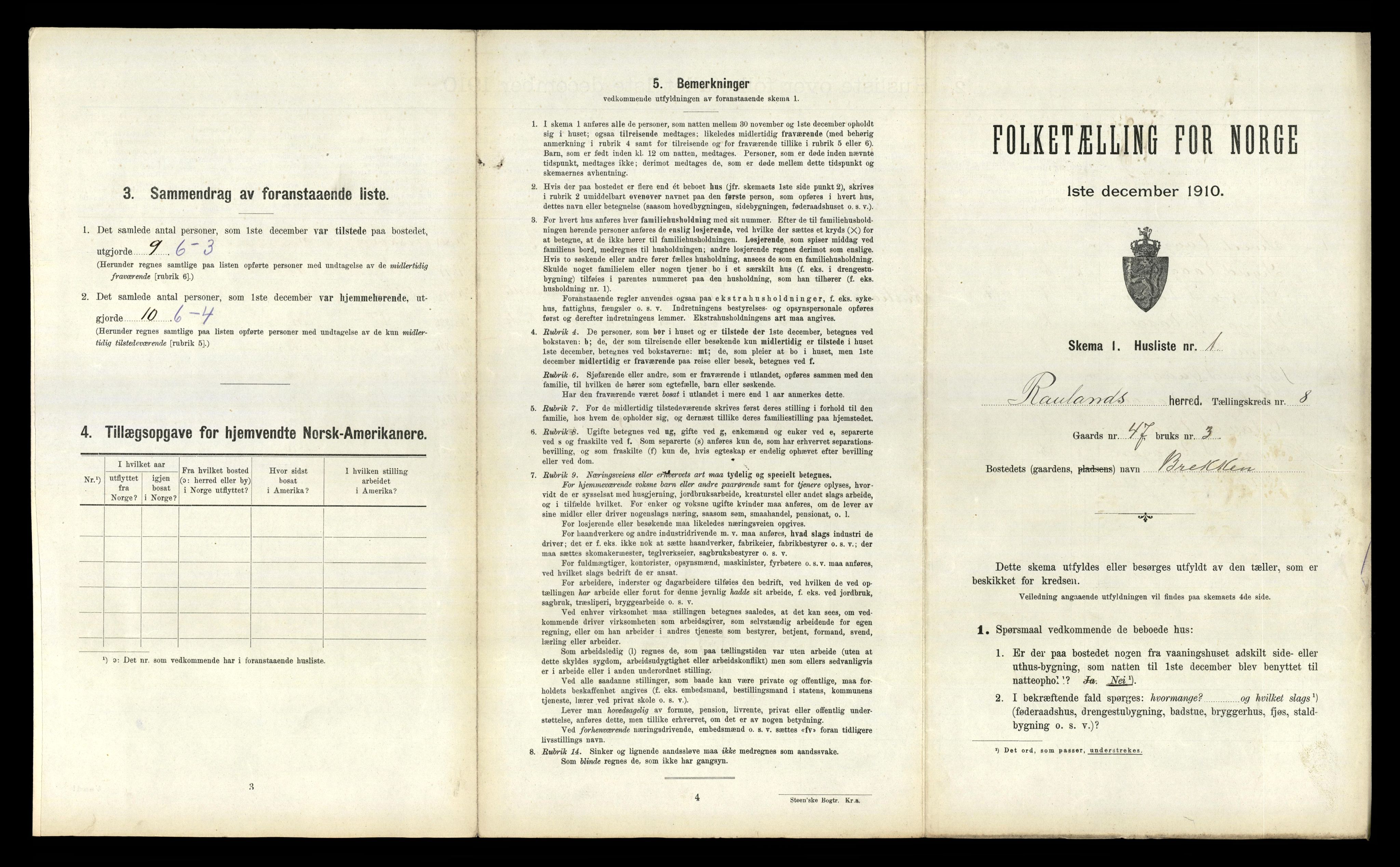 RA, 1910 census for Rauland, 1910, p. 269