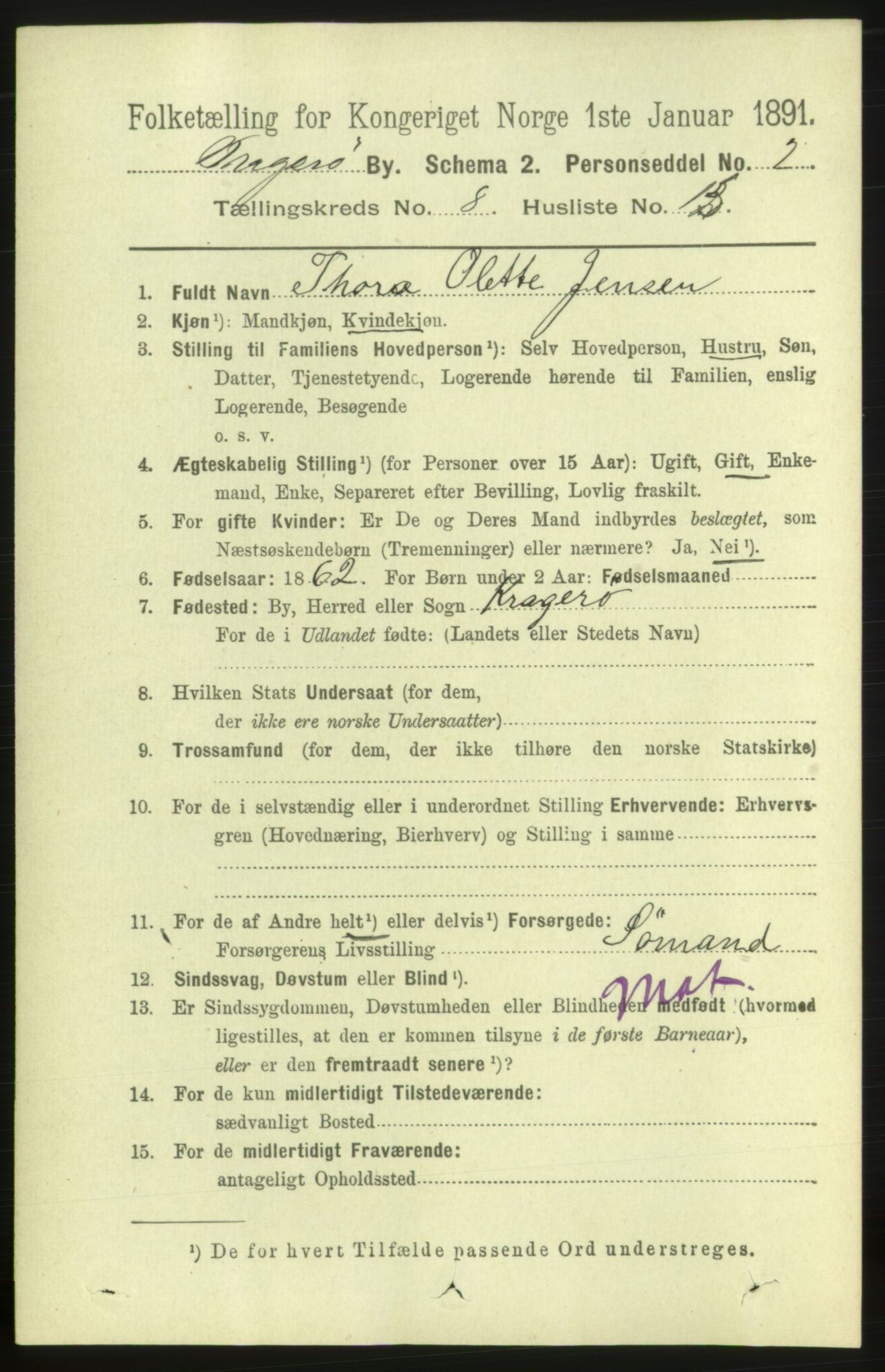 RA, 1891 census for 0801 Kragerø, 1891, p. 3652