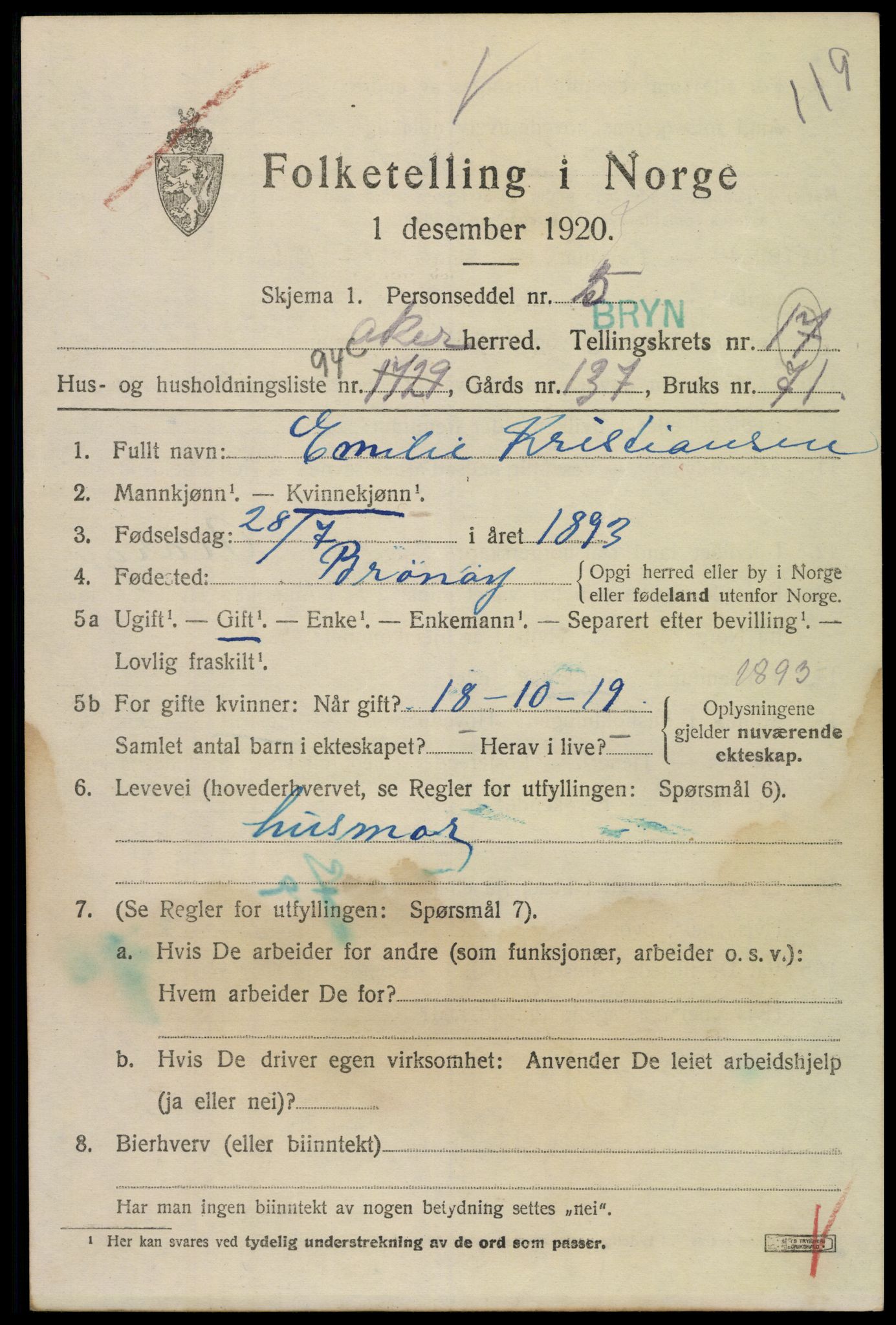 SAO, 1920 census for Aker, 1920, p. 106332