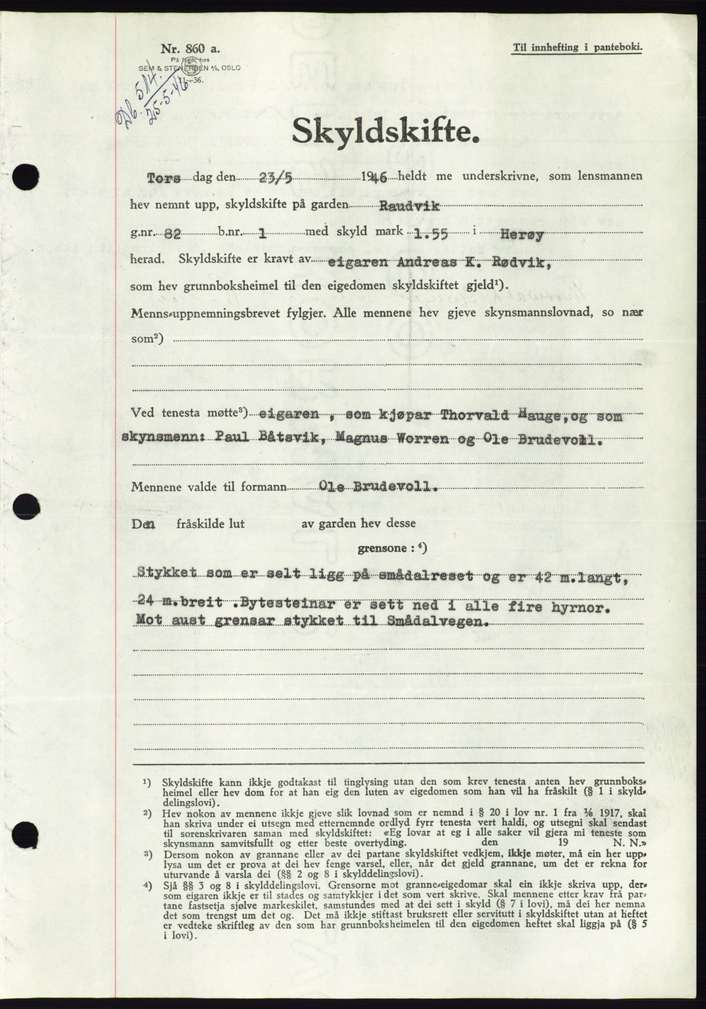 Søre Sunnmøre sorenskriveri, AV/SAT-A-4122/1/2/2C/L0078: Mortgage book no. 4A, 1946-1946, Diary no: : 514/1946