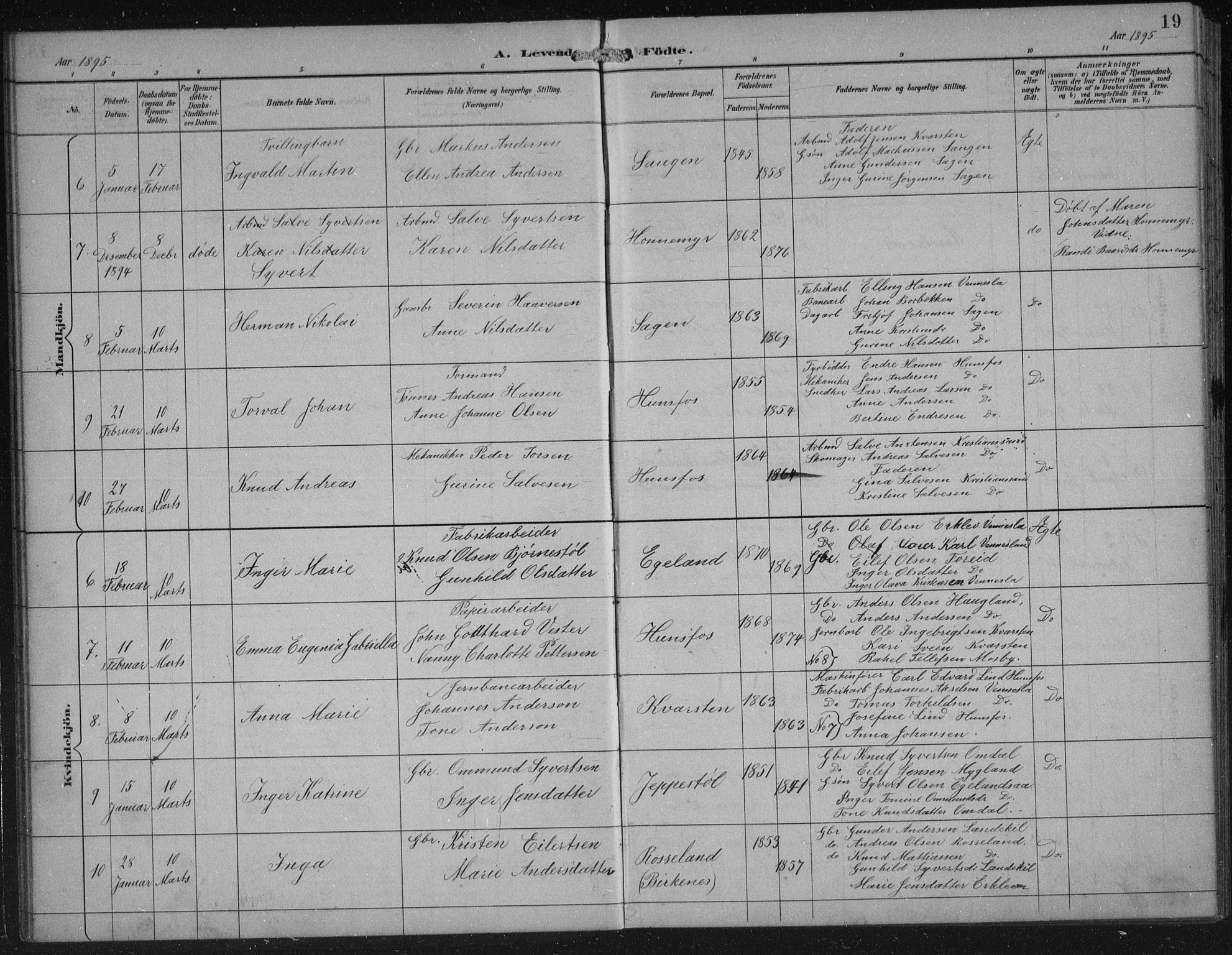 Vennesla sokneprestkontor, AV/SAK-1111-0045/Fb/Fbb/L0004: Parish register (copy) no. B 4, 1893-1902, p. 19