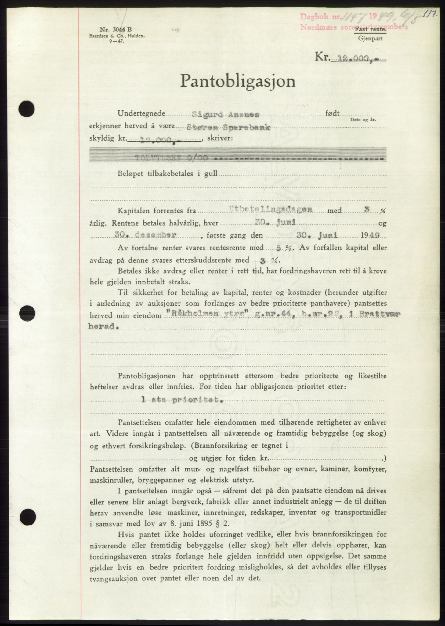 Nordmøre sorenskriveri, AV/SAT-A-4132/1/2/2Ca: Mortgage book no. B101, 1949-1949, Diary no: : 1147/1949