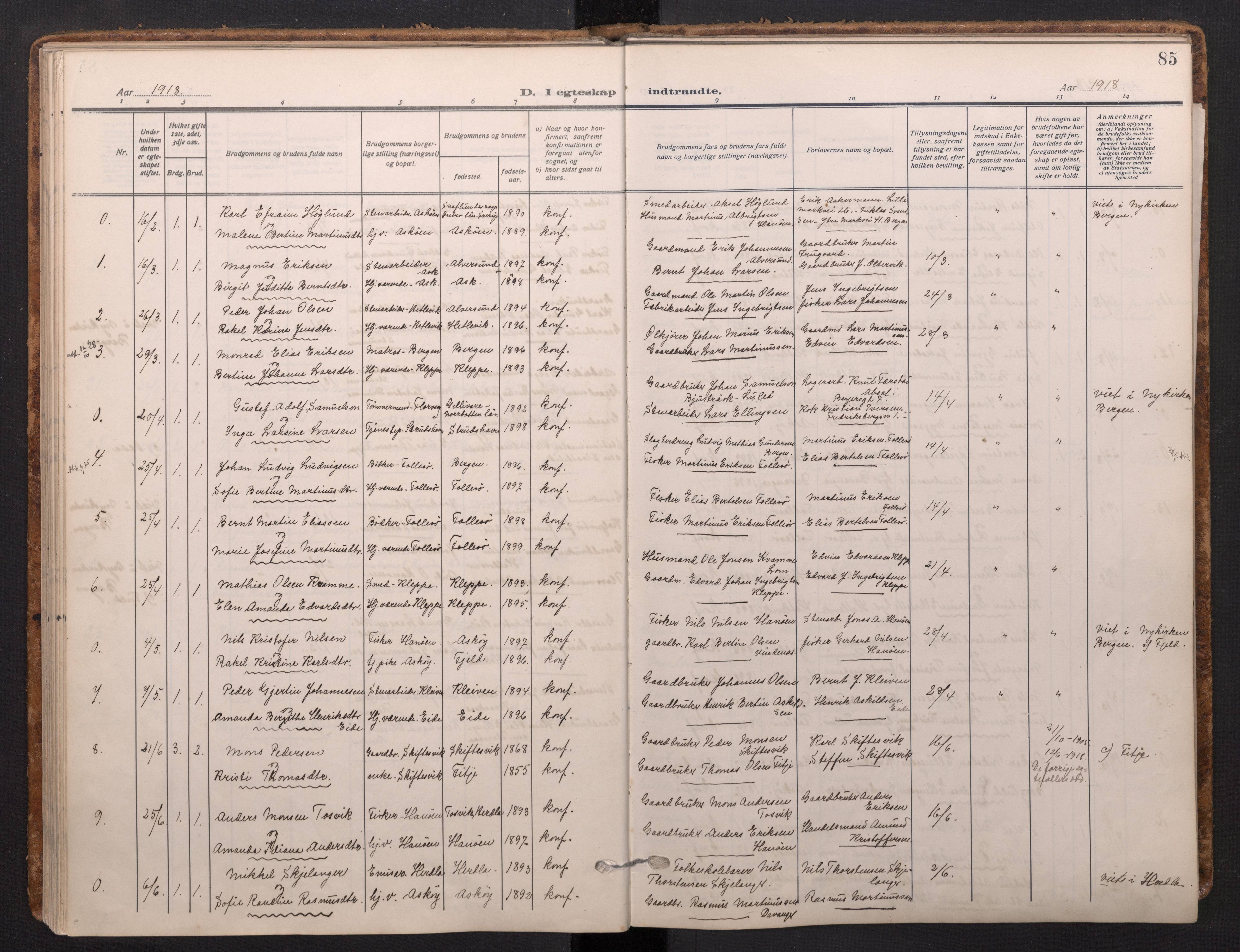 Askøy Sokneprestembete, AV/SAB-A-74101/H/Ha/Haa/Haad/L0002: Parish register (official) no. D 2, 1915-1935, p. 85