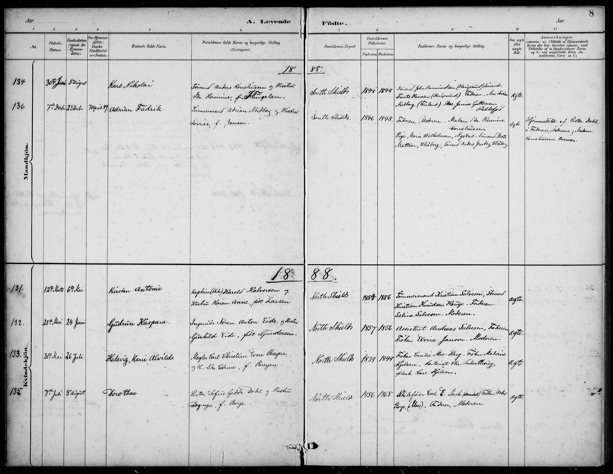 Den norske sjømannsmisjon i utlandet/Tyne-havnene (North Shields og New Castle), SAB/SAB/PA-0101/H/Ha/L0002: Parish register (official) no. A 2, 1883-1938, p. 8