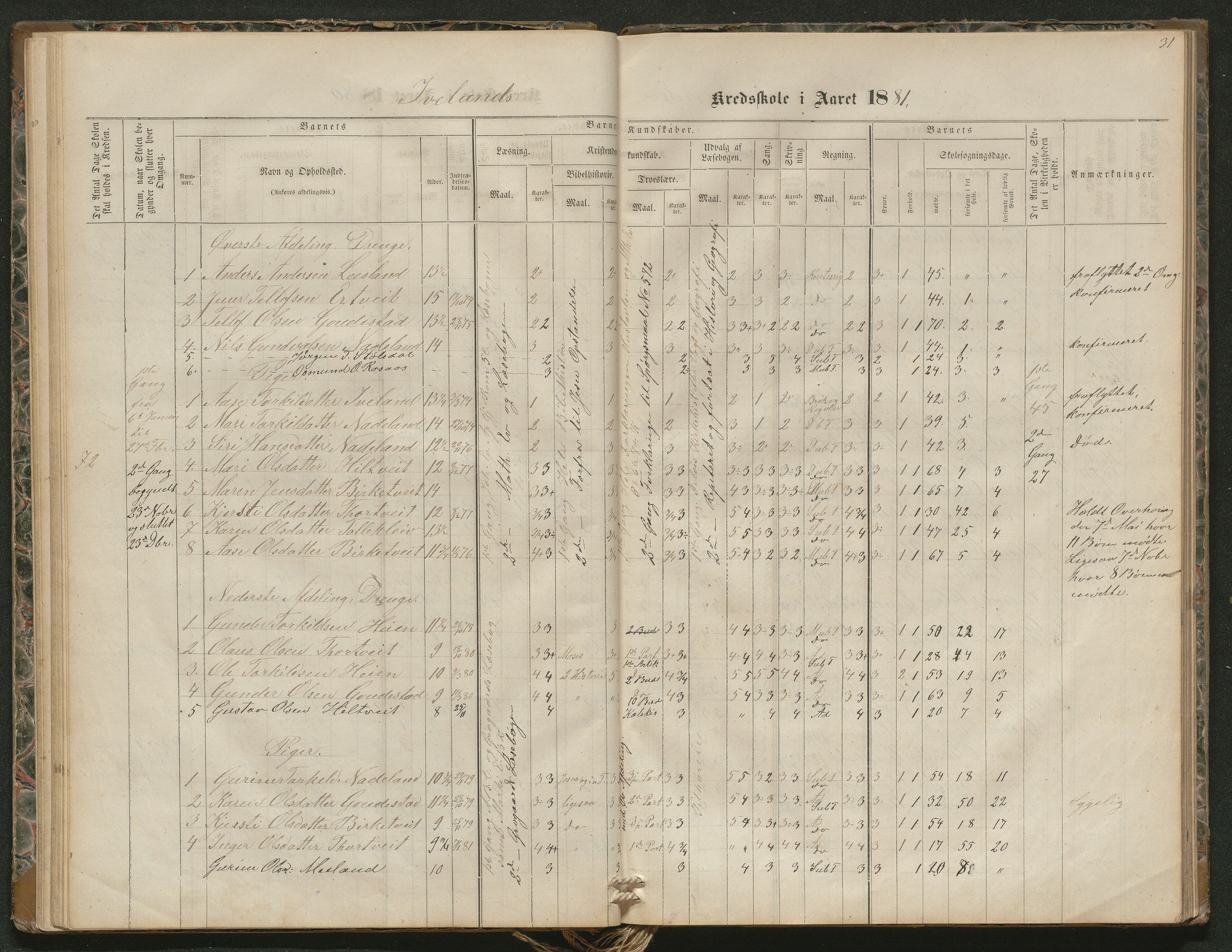 Iveland kommune, De enkelte kretsene/Skolene, AAKS/KA0935-550/A_4/L0002: Dagbok for Hodne og Iveland skolekrets, 1863-1888, p. 31