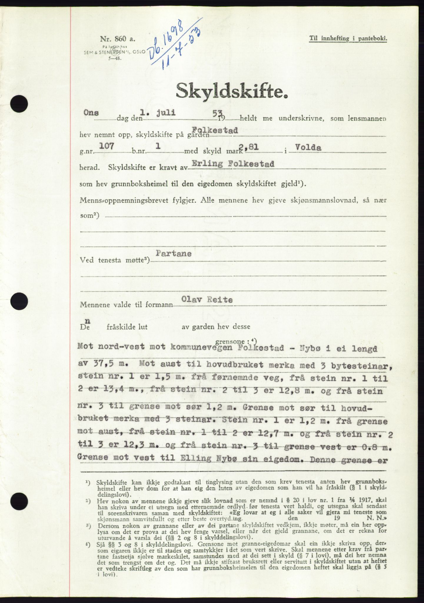 Søre Sunnmøre sorenskriveri, AV/SAT-A-4122/1/2/2C/L0095: Mortgage book no. 21A, 1953-1953, Diary no: : 1698/1953