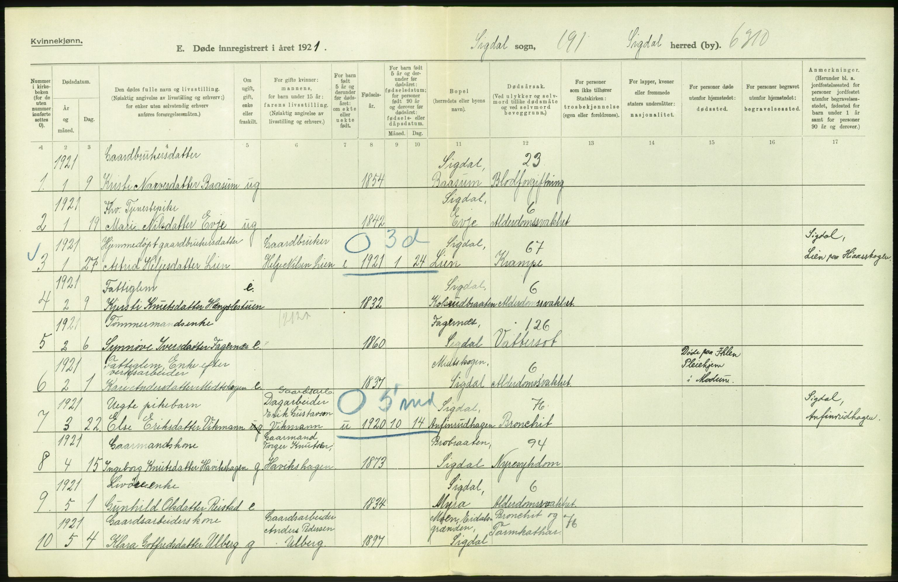 Statistisk sentralbyrå, Sosiodemografiske emner, Befolkning, AV/RA-S-2228/D/Df/Dfc/Dfca/L0020: Buskerud fylke: Døde. Byer og bygder., 1921, p. 218