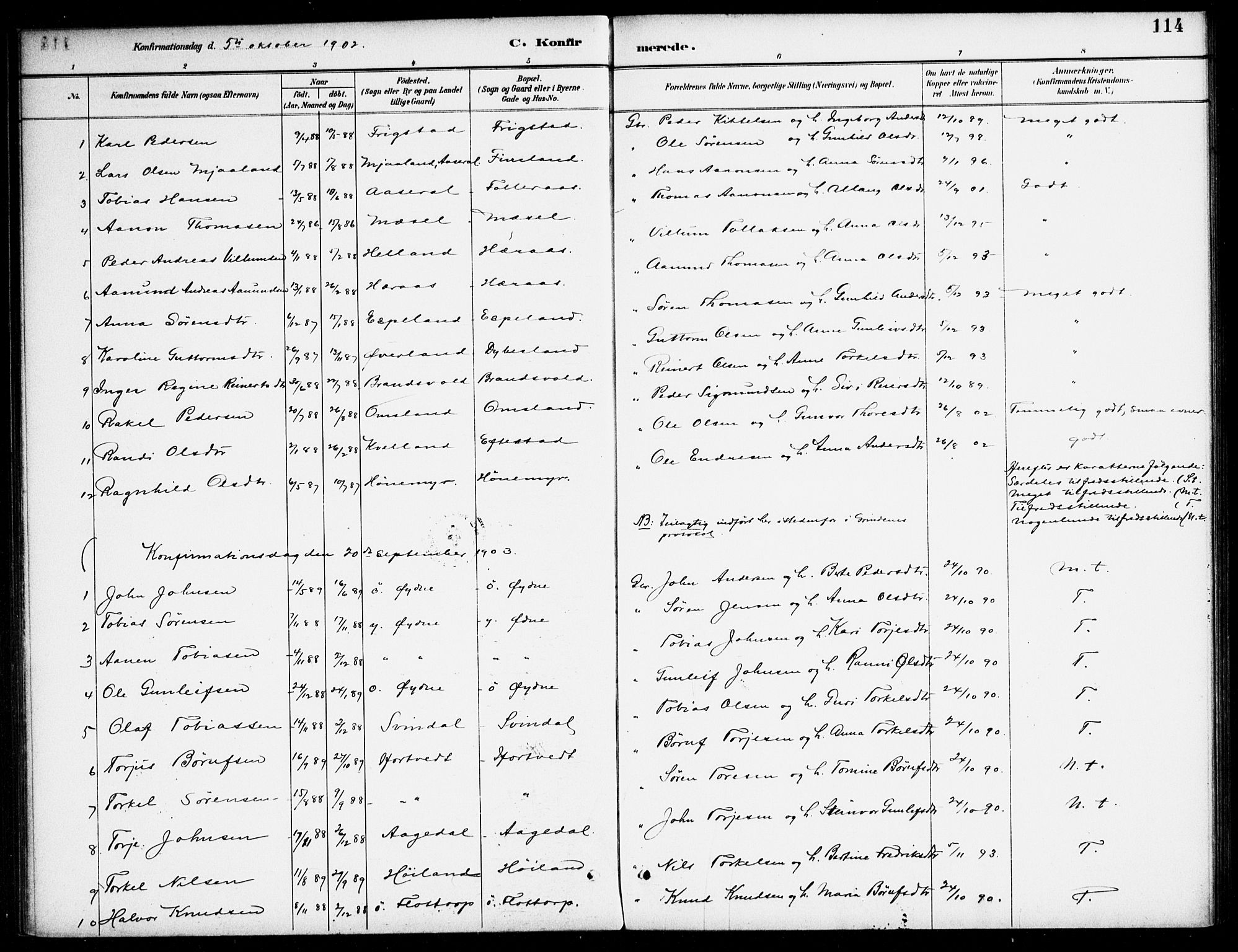 Bjelland sokneprestkontor, SAK/1111-0005/F/Fa/Fab/L0004: Parish register (official) no. A 4, 1887-1920, p. 114