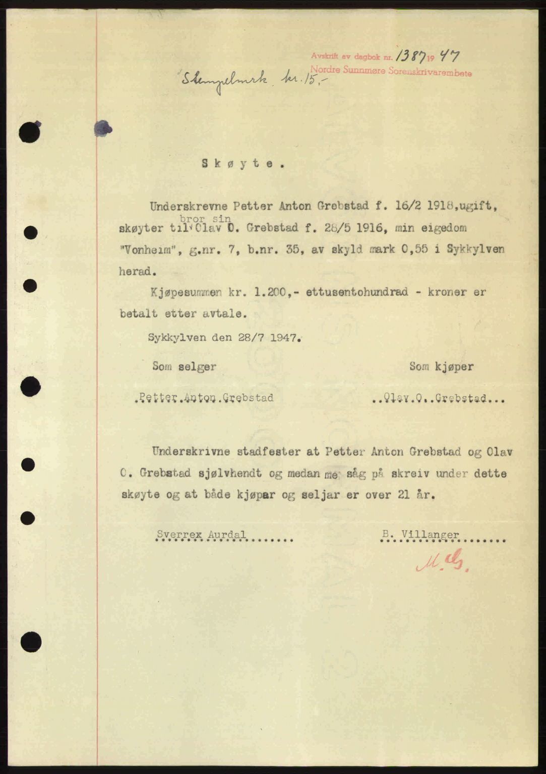 Nordre Sunnmøre sorenskriveri, AV/SAT-A-0006/1/2/2C/2Ca: Mortgage book no. A25, 1947-1947, Diary no: : 1387/1947