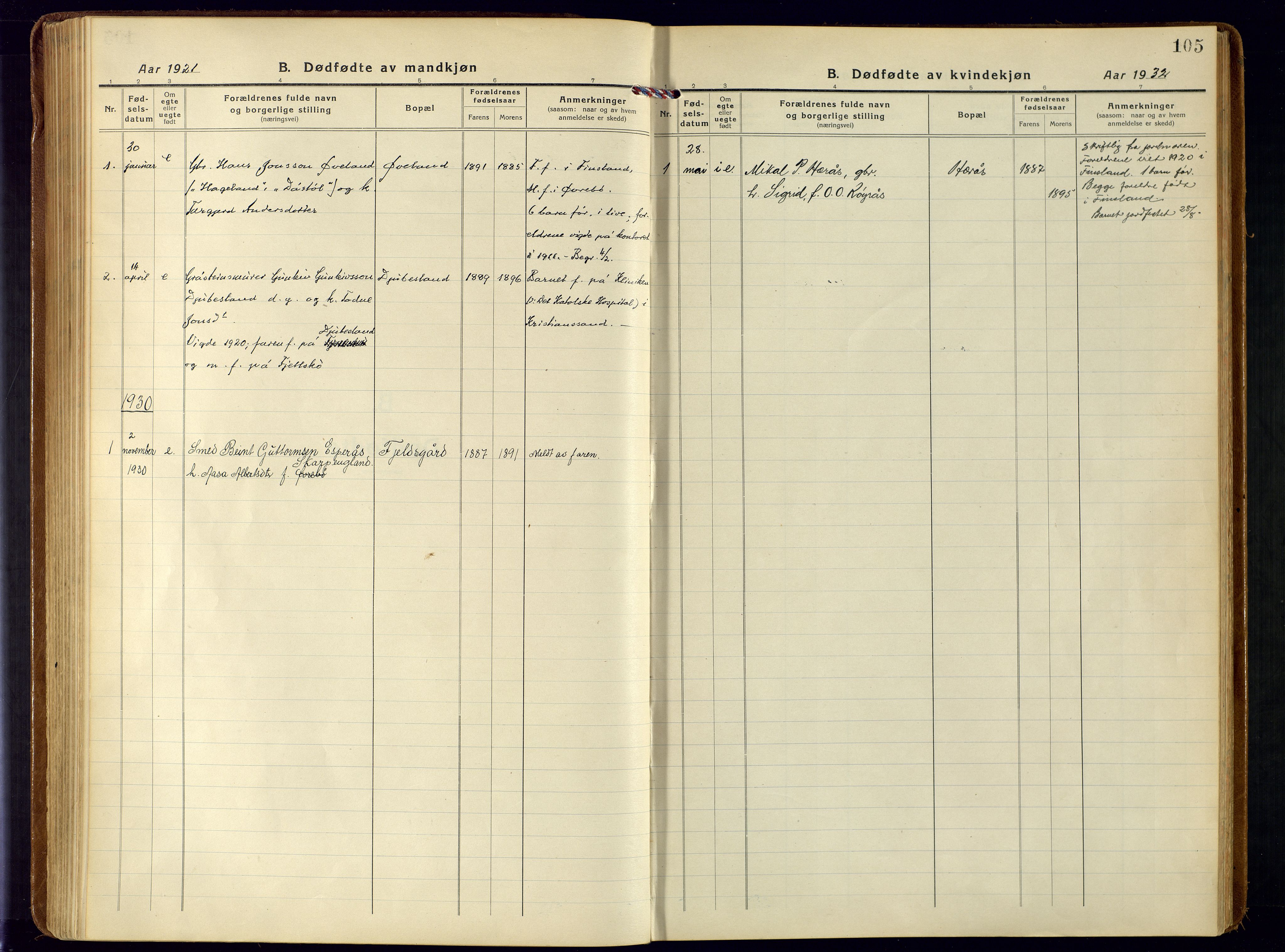 Bjelland sokneprestkontor, SAK/1111-0005/F/Fa/Fab/L0005: Parish register (official) no. A 5, 1921-1951, p. 105