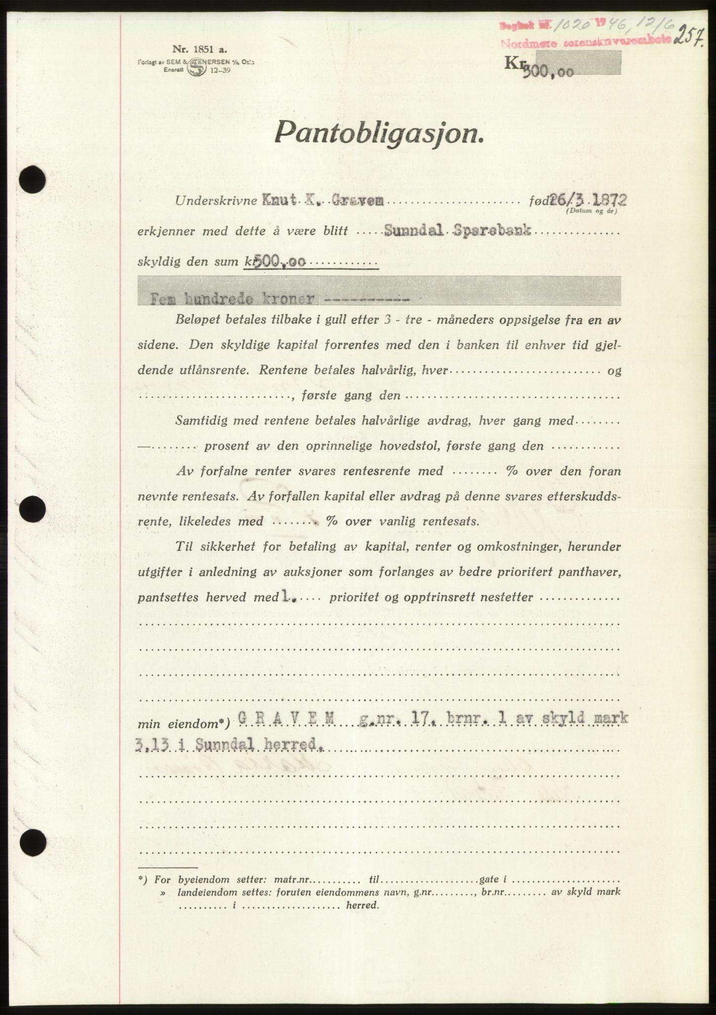 Nordmøre sorenskriveri, AV/SAT-A-4132/1/2/2Ca: Mortgage book no. B94, 1946-1946, Diary no: : 1020/1946