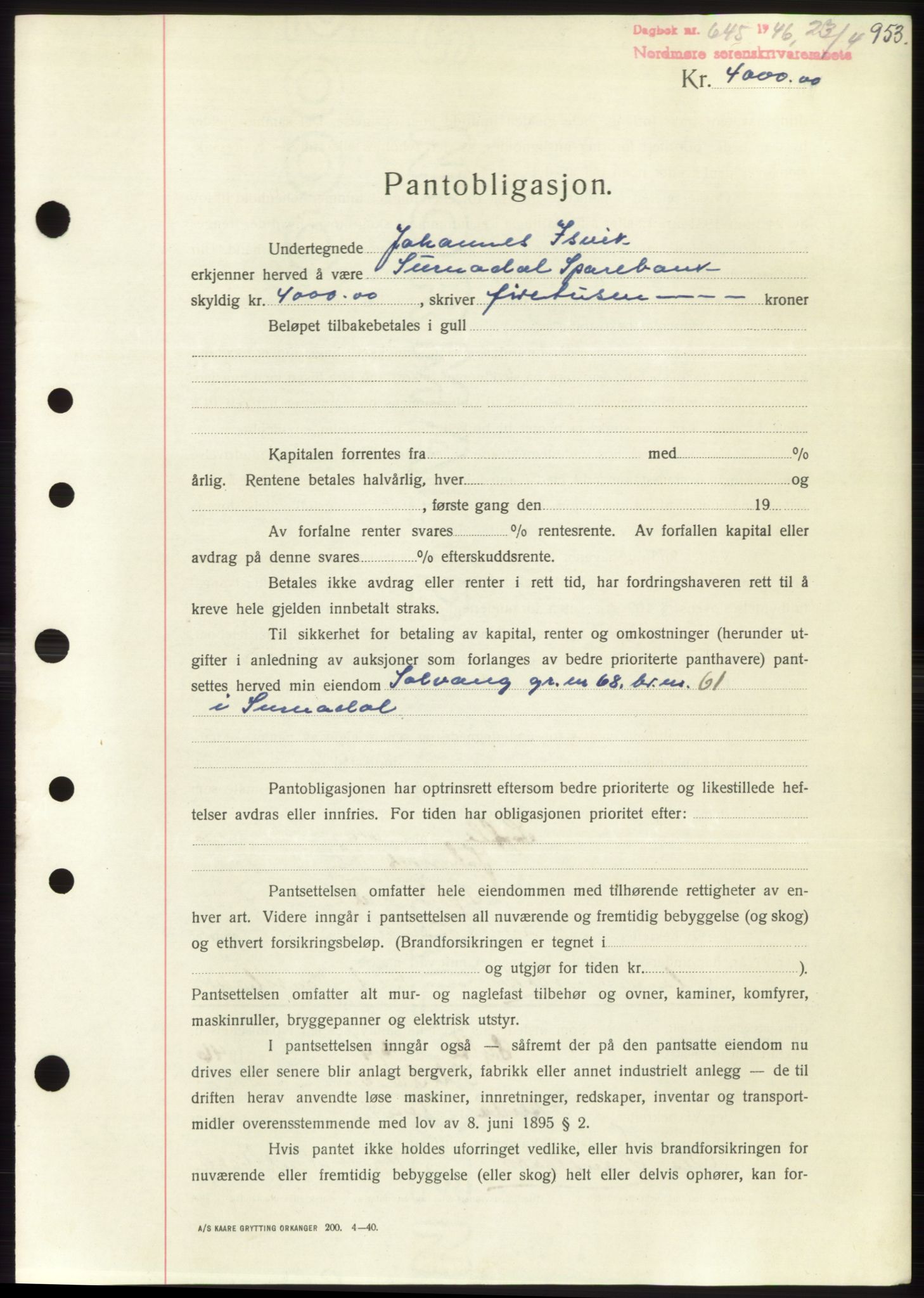 Nordmøre sorenskriveri, AV/SAT-A-4132/1/2/2Ca: Mortgage book no. B93b, 1946-1946, Diary no: : 645/1946