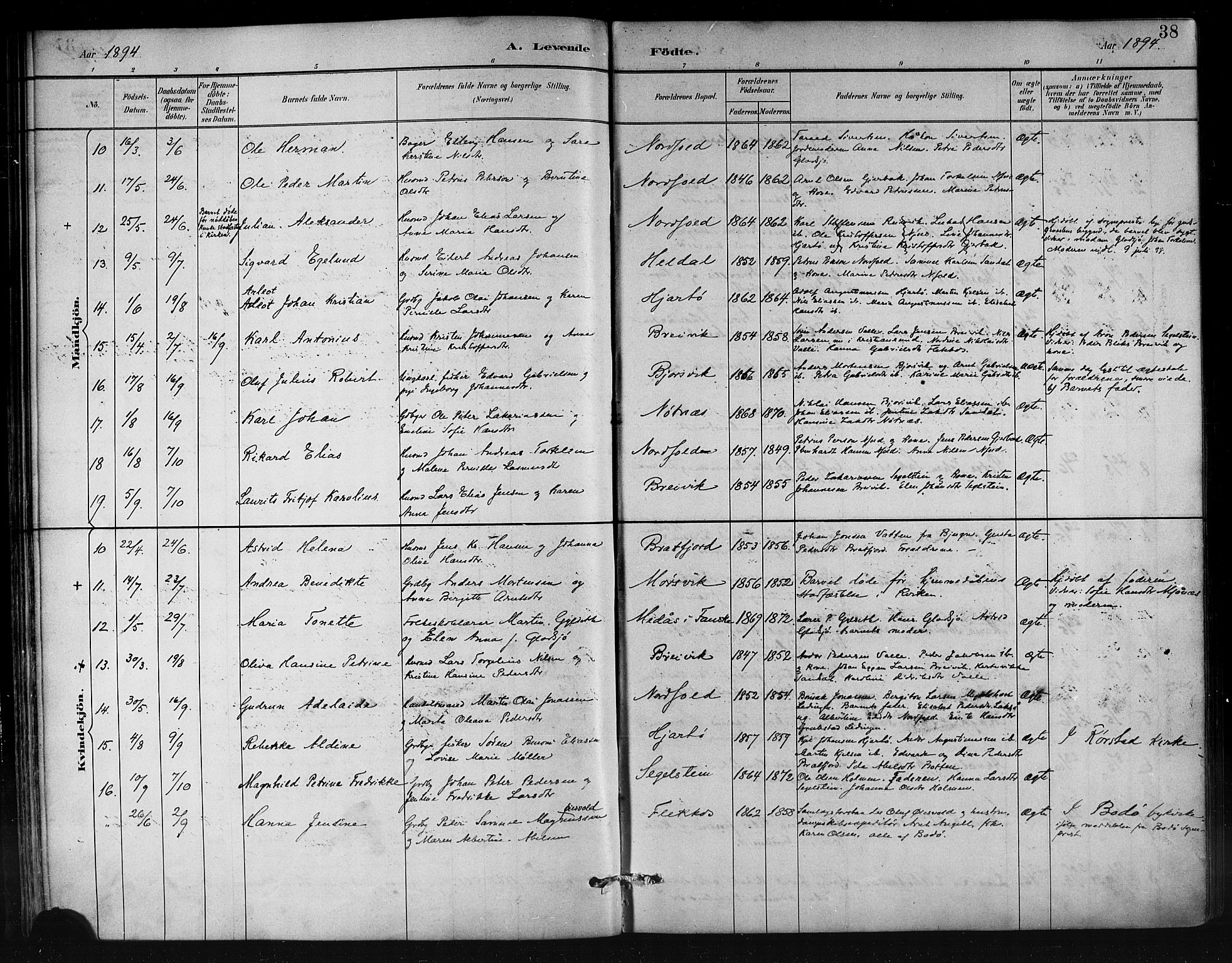 Ministerialprotokoller, klokkerbøker og fødselsregistre - Nordland, AV/SAT-A-1459/858/L0831: Parish register (official) no. 858A01, 1884-1902, p. 38