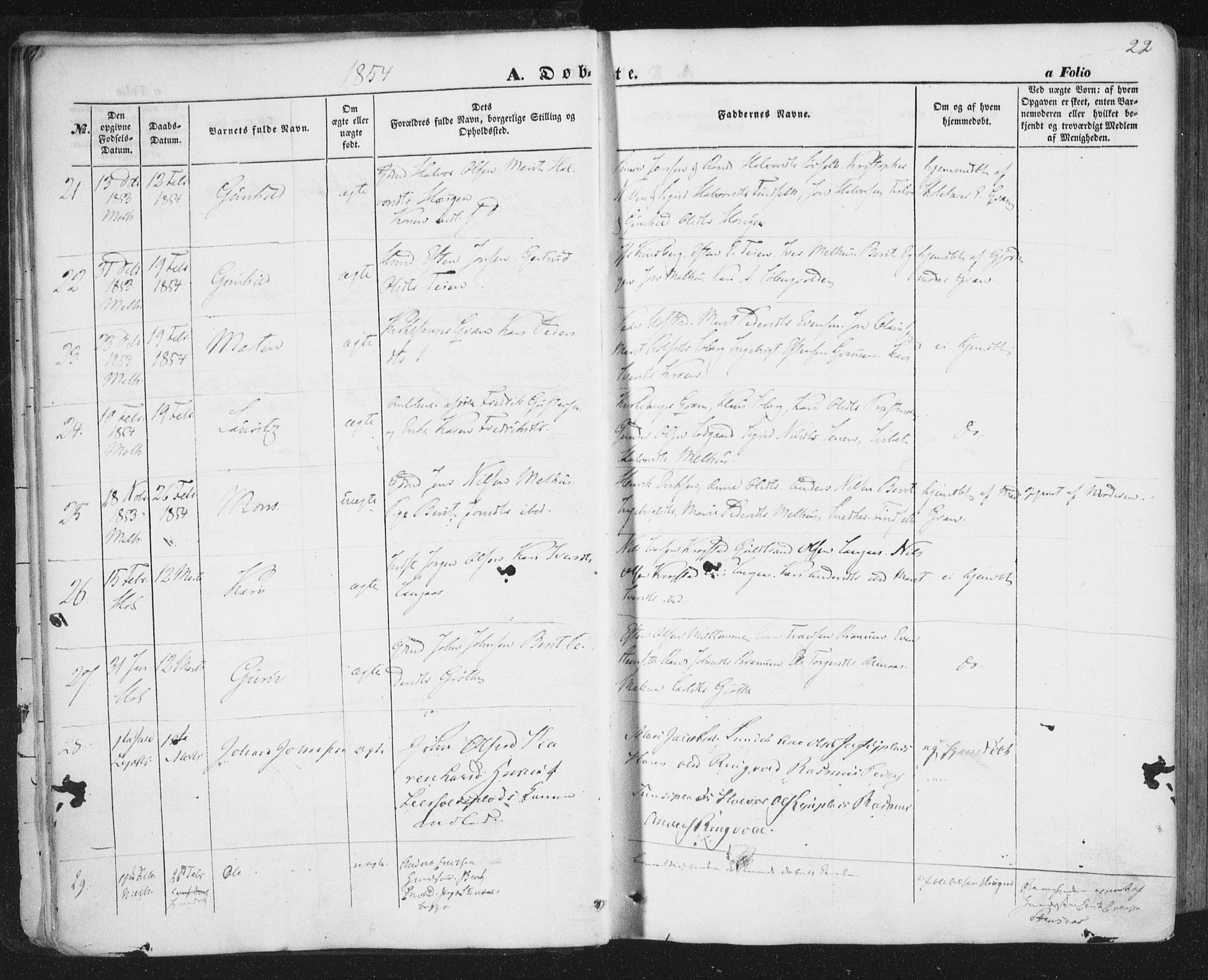 Ministerialprotokoller, klokkerbøker og fødselsregistre - Sør-Trøndelag, AV/SAT-A-1456/691/L1076: Parish register (official) no. 691A08, 1852-1861, p. 22