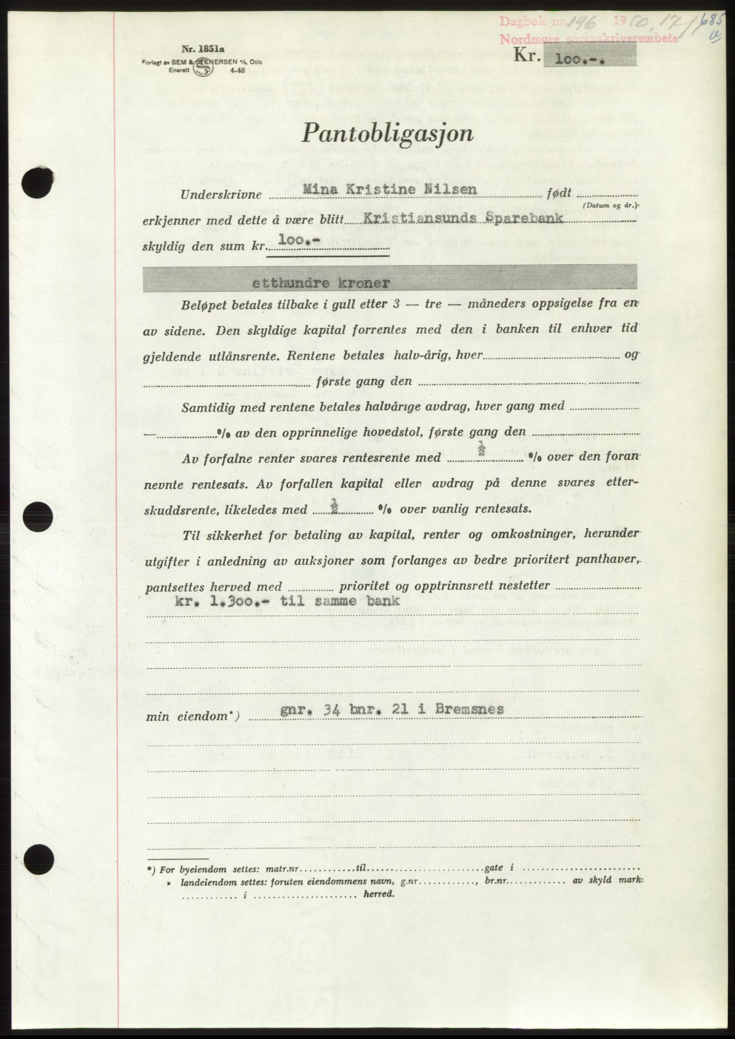 Nordmøre sorenskriveri, AV/SAT-A-4132/1/2/2Ca: Mortgage book no. B103, 1949-1950, Diary no: : 146/1950