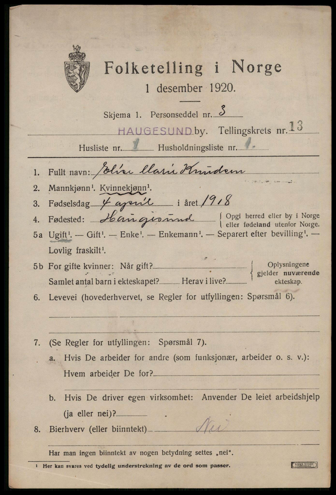 SAST, 1920 census for Haugesund, 1920, p. 41467