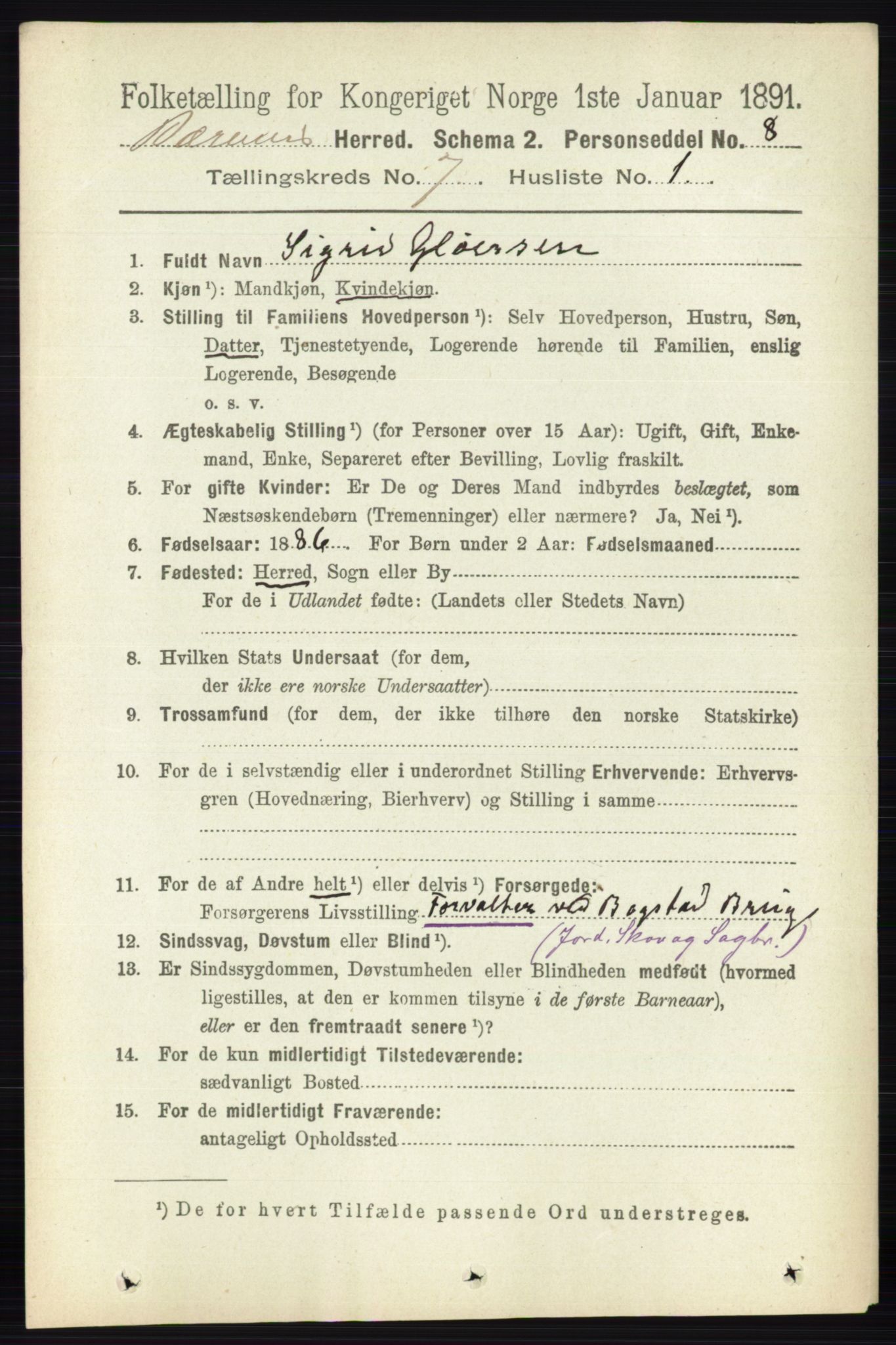 RA, 1891 census for 0219 Bærum, 1891, p. 4087