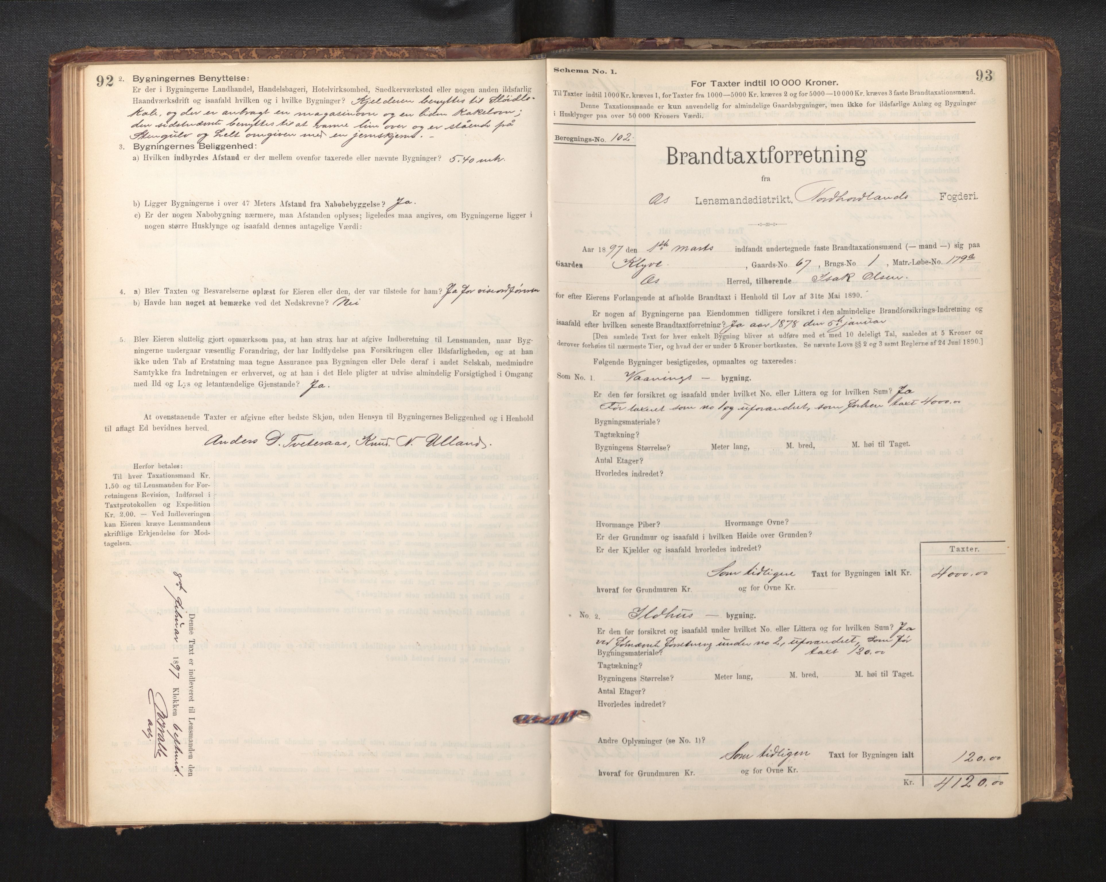 Lensmannen i Os, SAB/A-34101/0012/L0008: Branntakstprotokoll, skjematakst, 1894-1915, p. 92-93