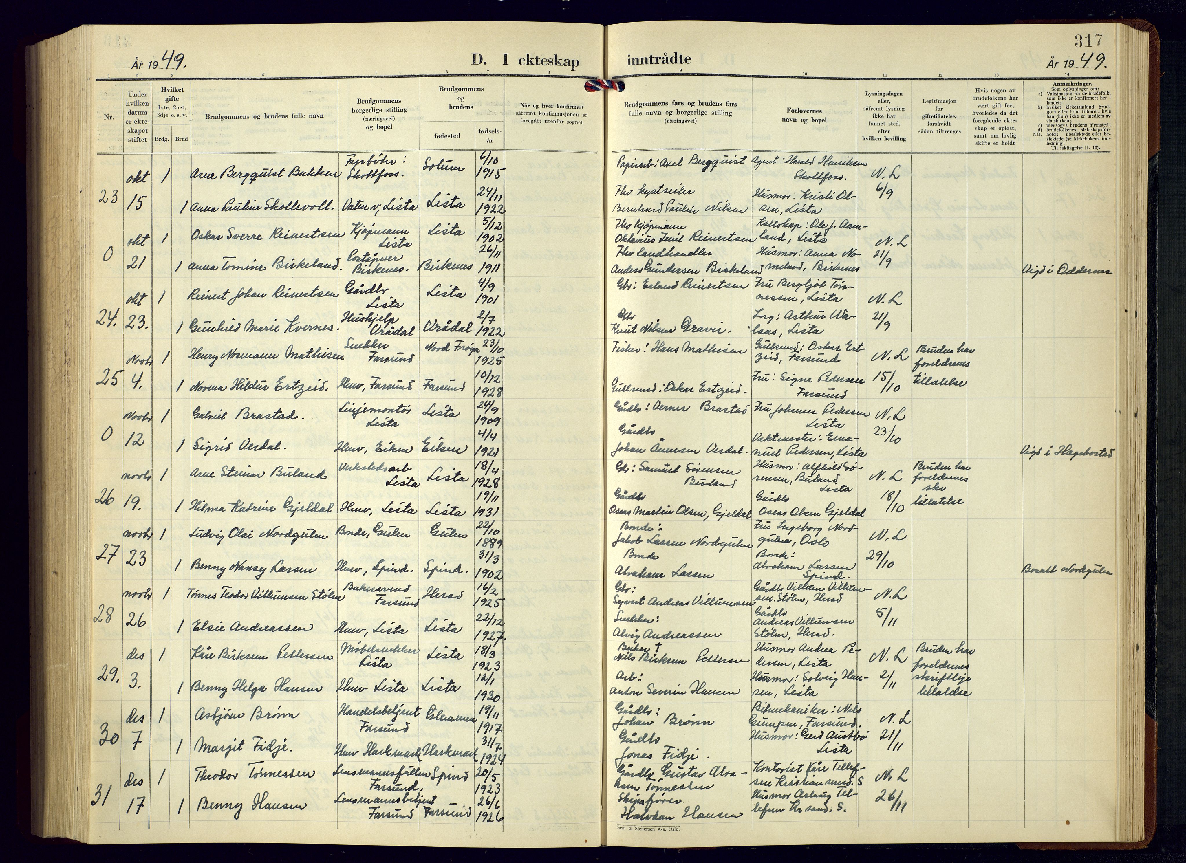 Lista sokneprestkontor, AV/SAK-1111-0027/F/Fb/L0007: Parish register (copy) no. B 7, 1943-1970, p. 317