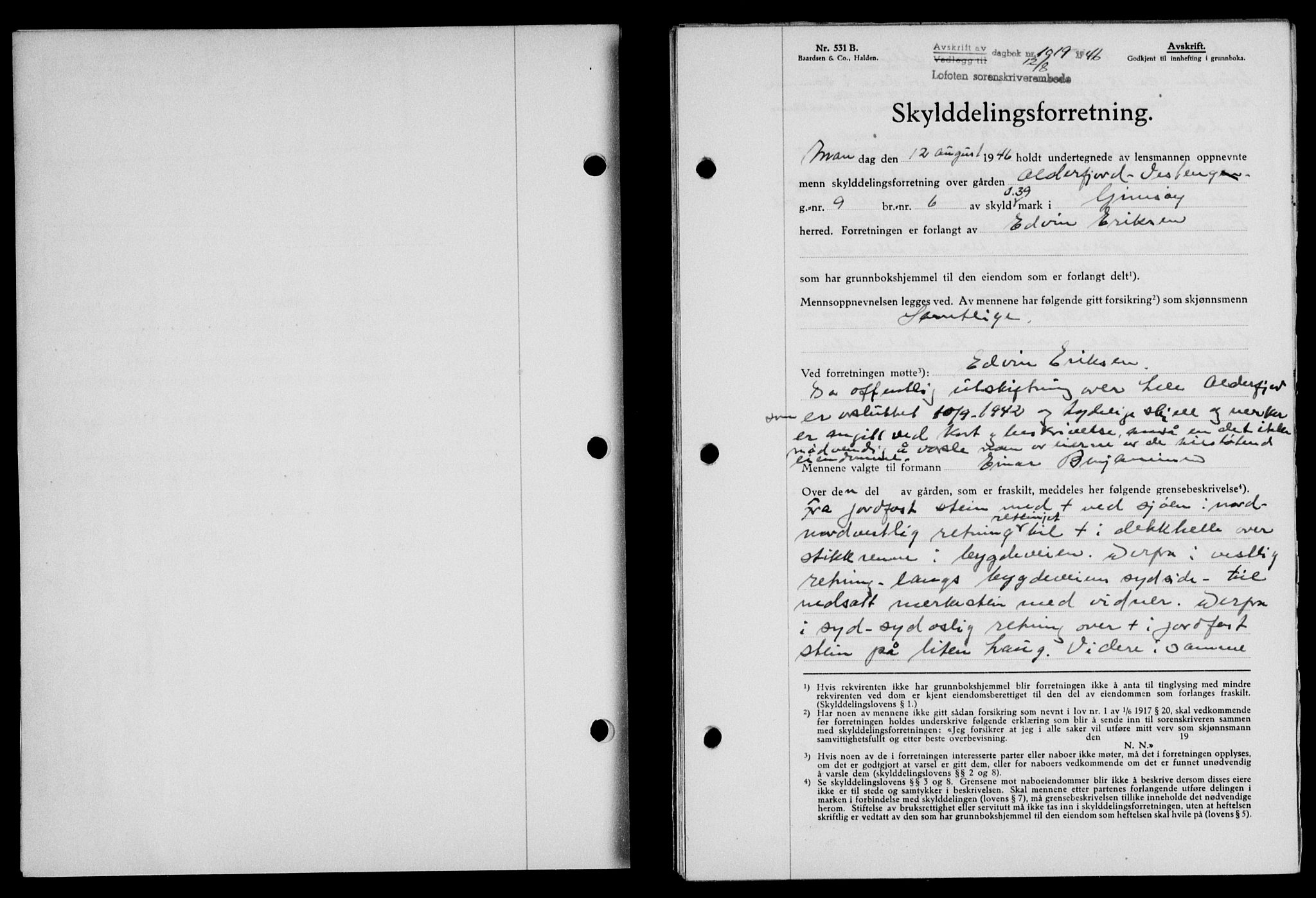 Lofoten sorenskriveri, SAT/A-0017/1/2/2C/L0014a: Mortgage book no. 14a, 1946-1946, Diary no: : 1019/1946