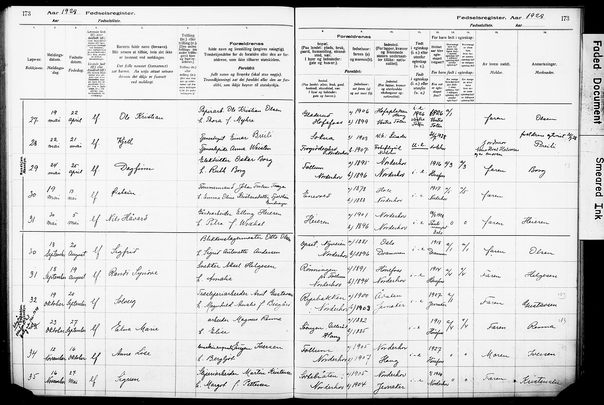 Norderhov kirkebøker, AV/SAKO-A-237/J/Ja/L0001: Birth register no. 1, 1916-1930, p. 173