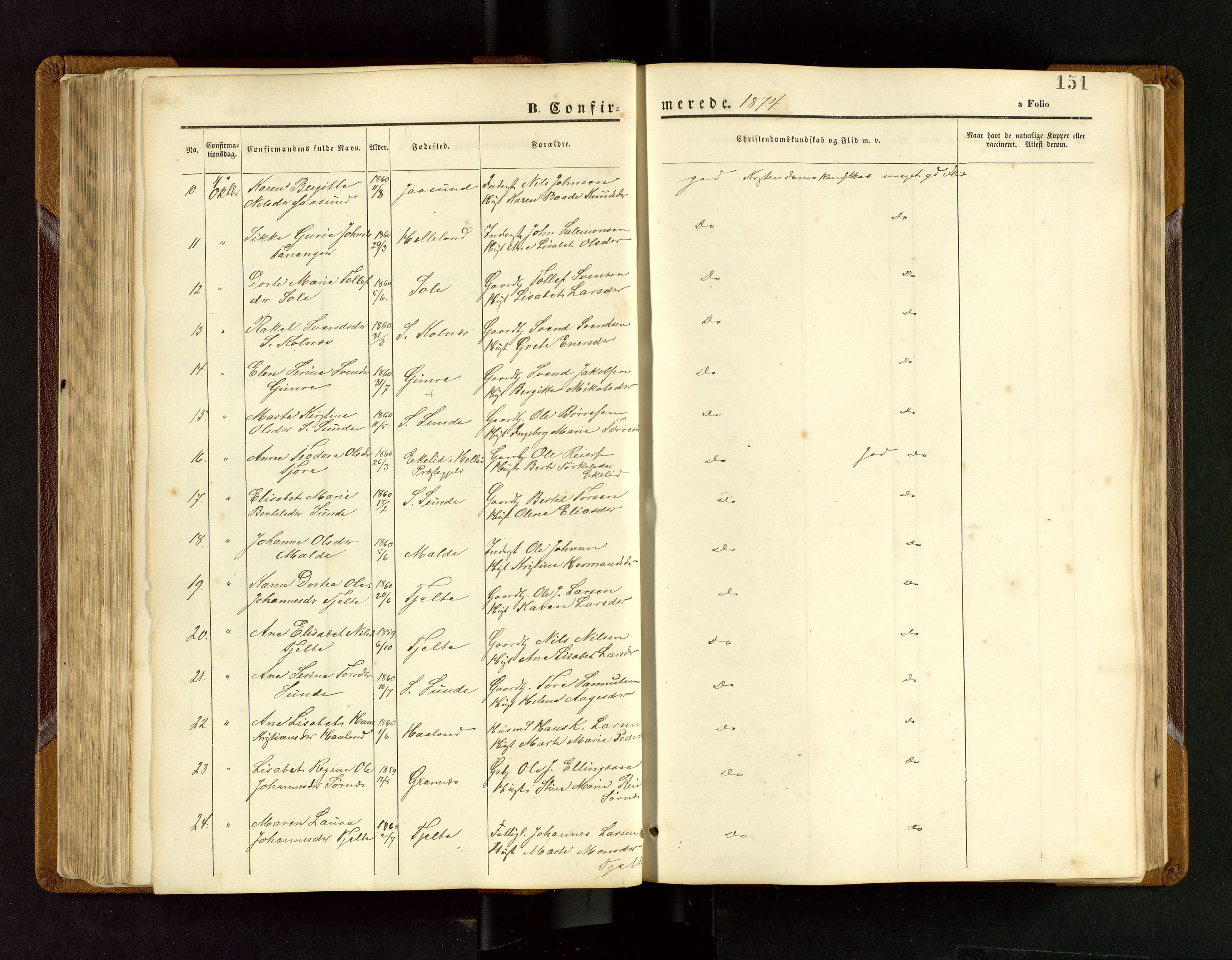 Håland sokneprestkontor, AV/SAST-A-101802/001/30BB/L0003: Parish register (copy) no. B 3, 1873-1893, p. 151