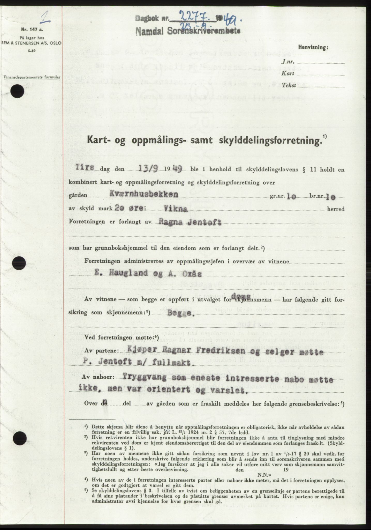 Namdal sorenskriveri, AV/SAT-A-4133/1/2/2C: Mortgage book no. -, 1949-1949, Diary no: : 2277/1949