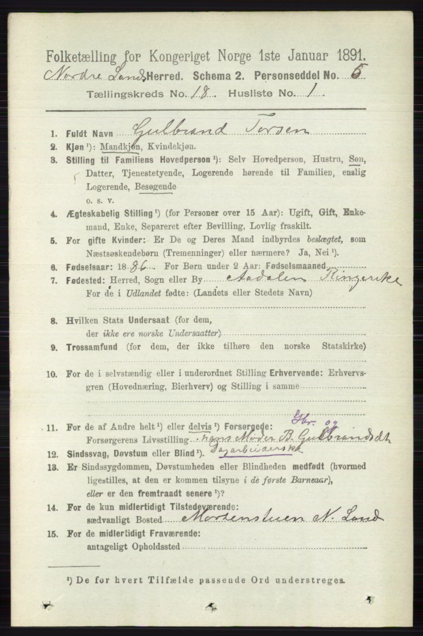 RA, 1891 census for 0538 Nordre Land, 1891, p. 4392