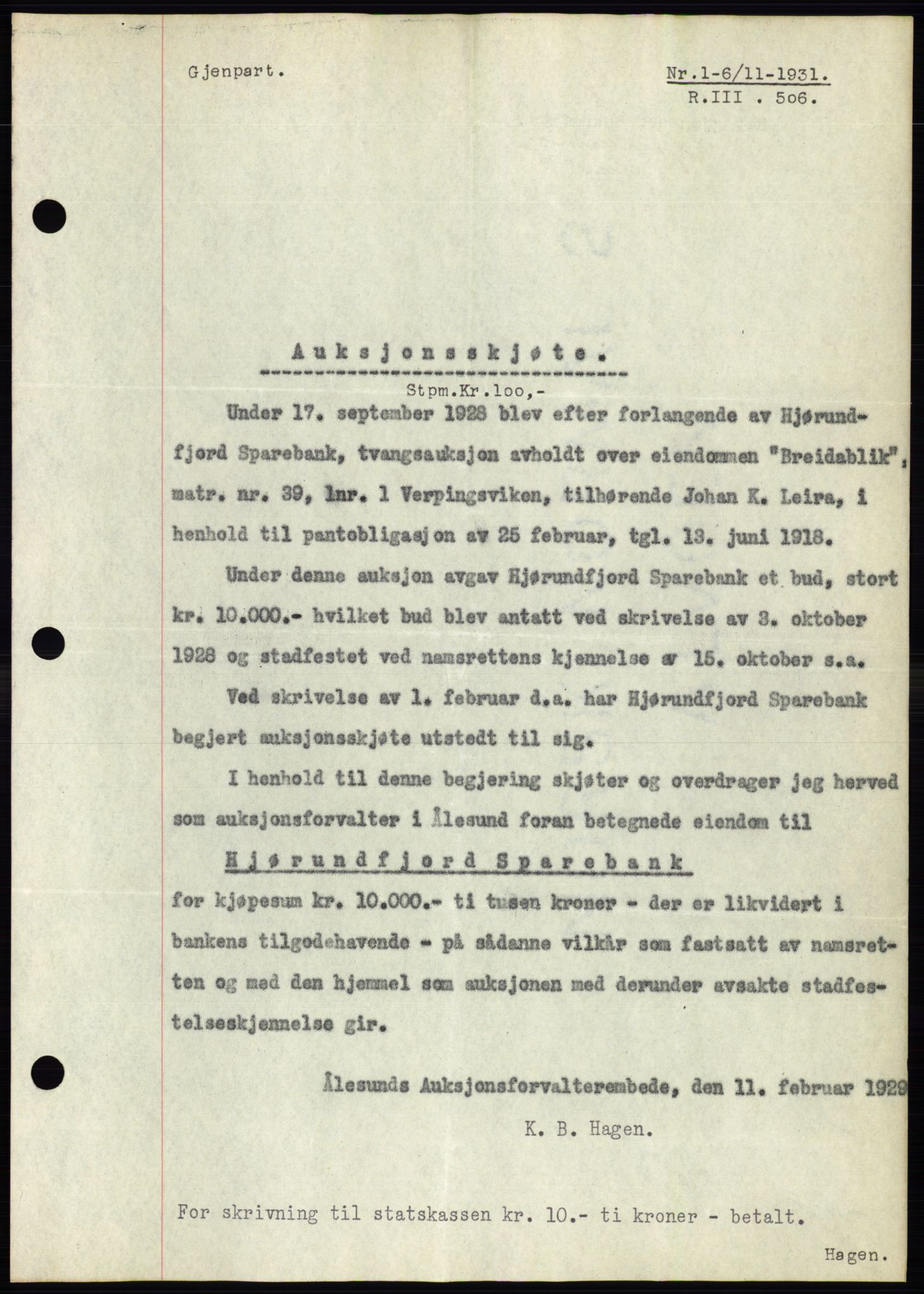 Ålesund byfogd, AV/SAT-A-4384: Mortgage book no. 29, 1931-1932, Deed date: 06.11.1931