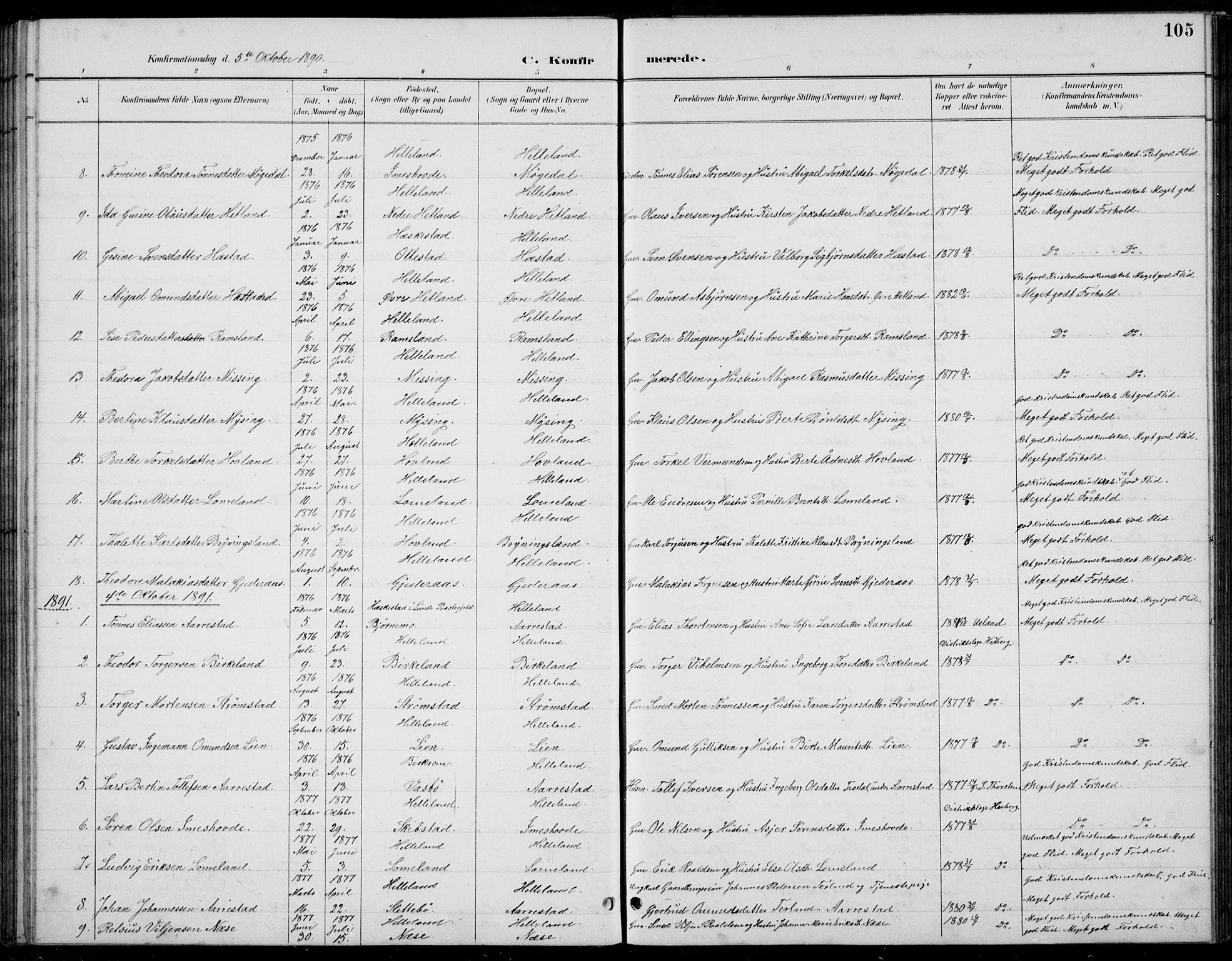 Helleland sokneprestkontor, SAST/A-101810: Parish register (copy) no. B 4, 1887-1941, p. 105
