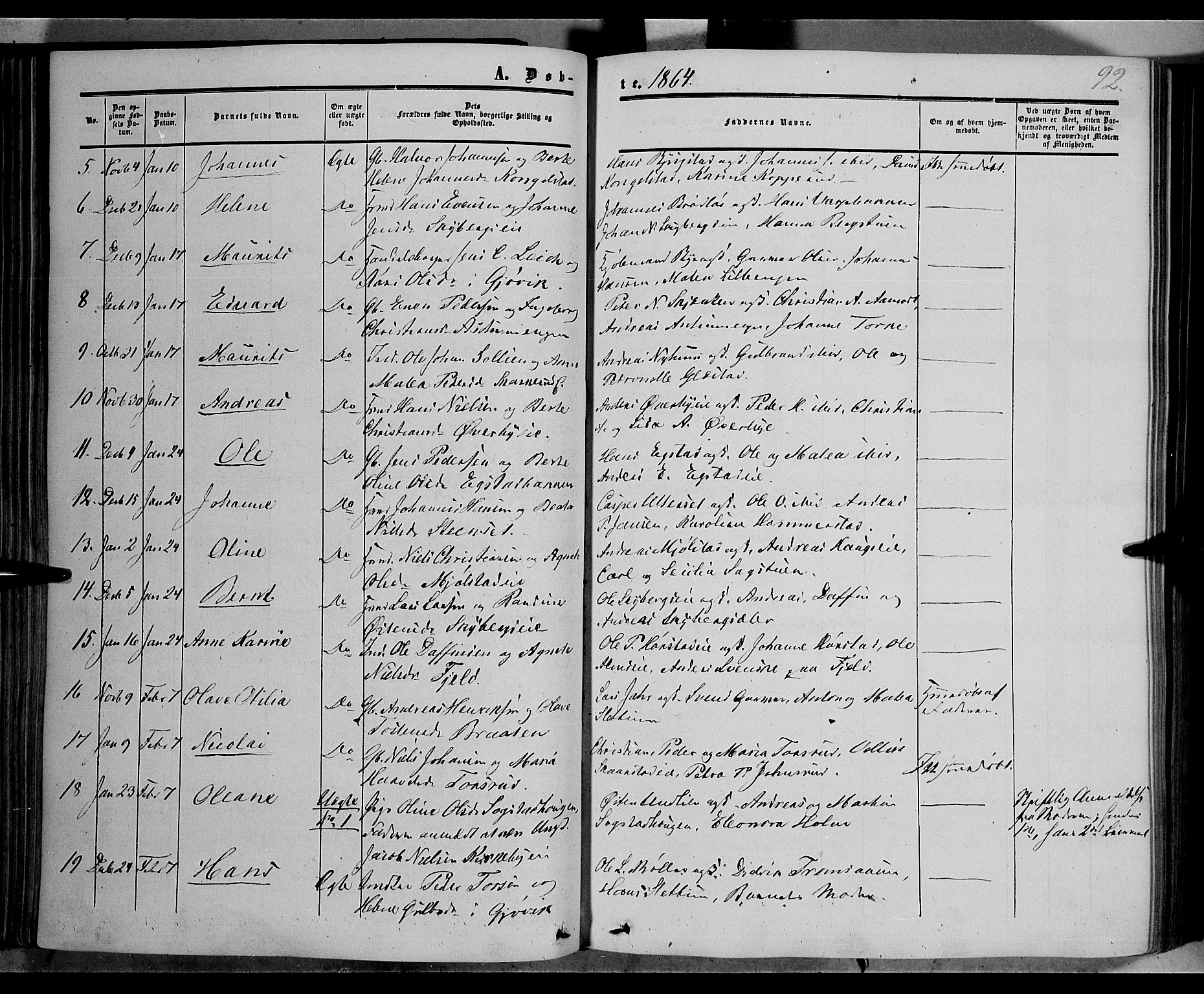 Vardal prestekontor, SAH/PREST-100/H/Ha/Haa/L0006: Parish register (official) no. 6, 1854-1866, p. 92