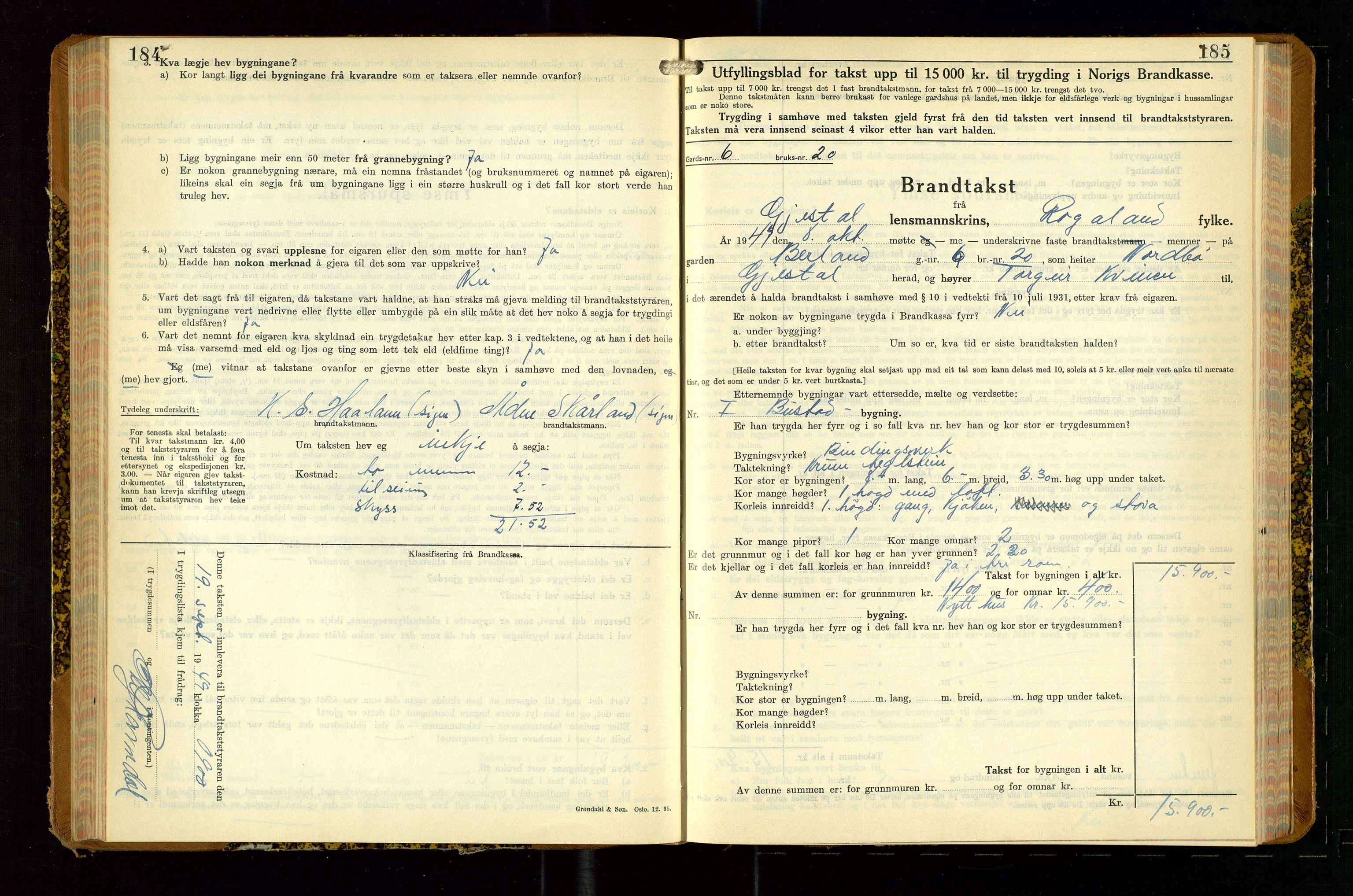 Gjesdal lensmannskontor, SAST/A-100441/Go/L0008: Branntakstskjemaprotokoll, 1937-1955, p. 184-185