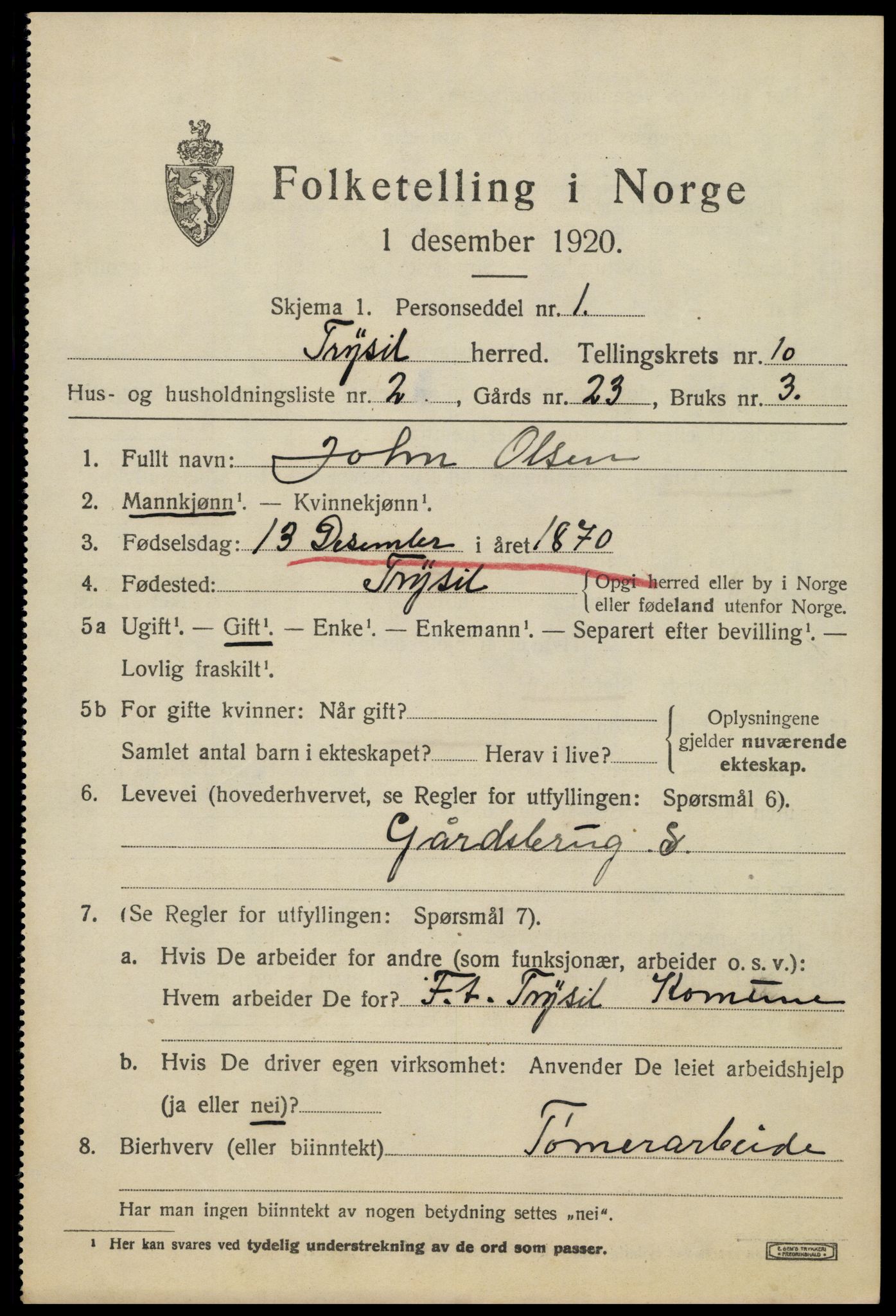 SAH, 1920 census for Trysil, 1920, p. 6873