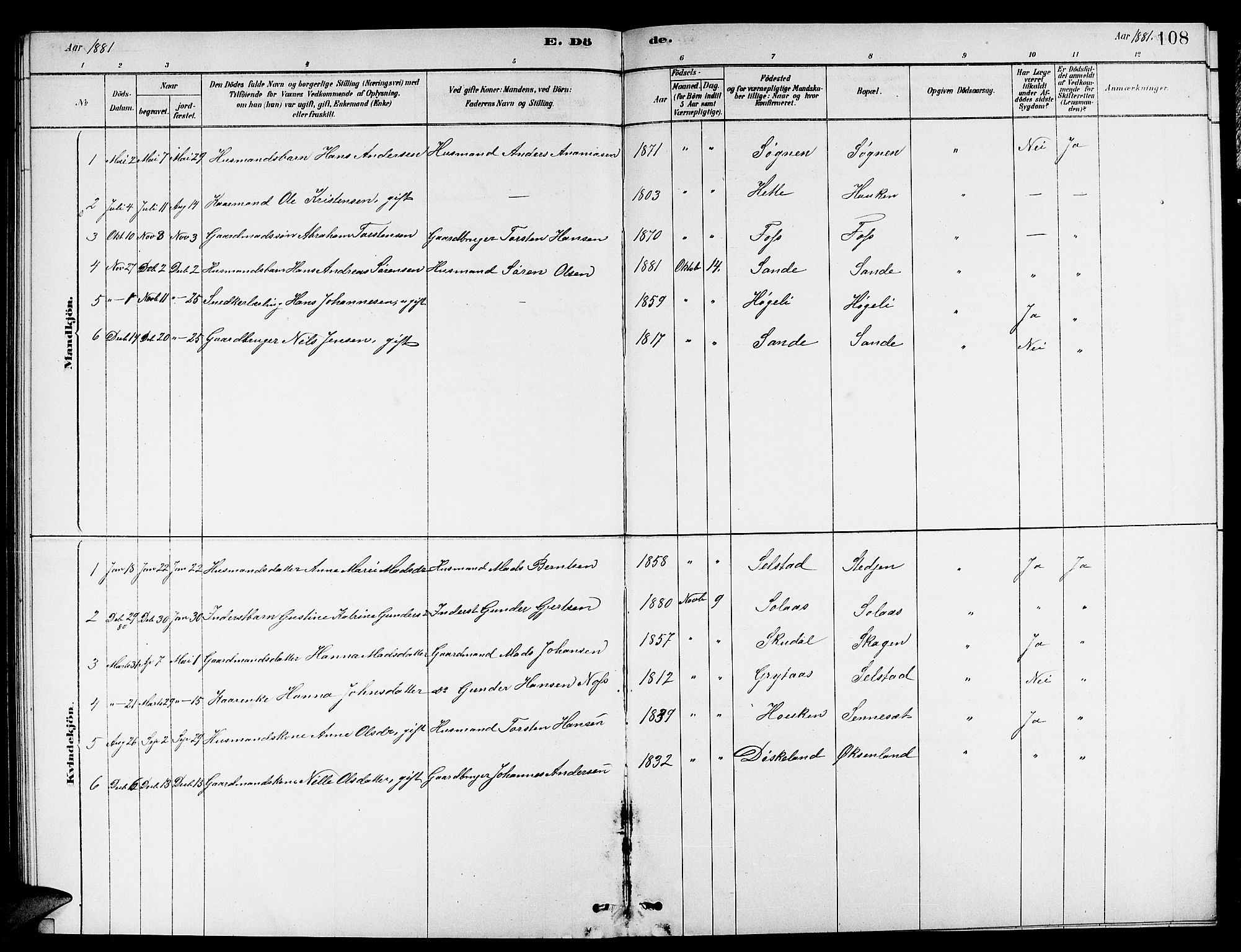 Gaular sokneprestembete, AV/SAB-A-80001/H/Hab: Parish register (copy) no. A 3, 1878-1888, p. 108