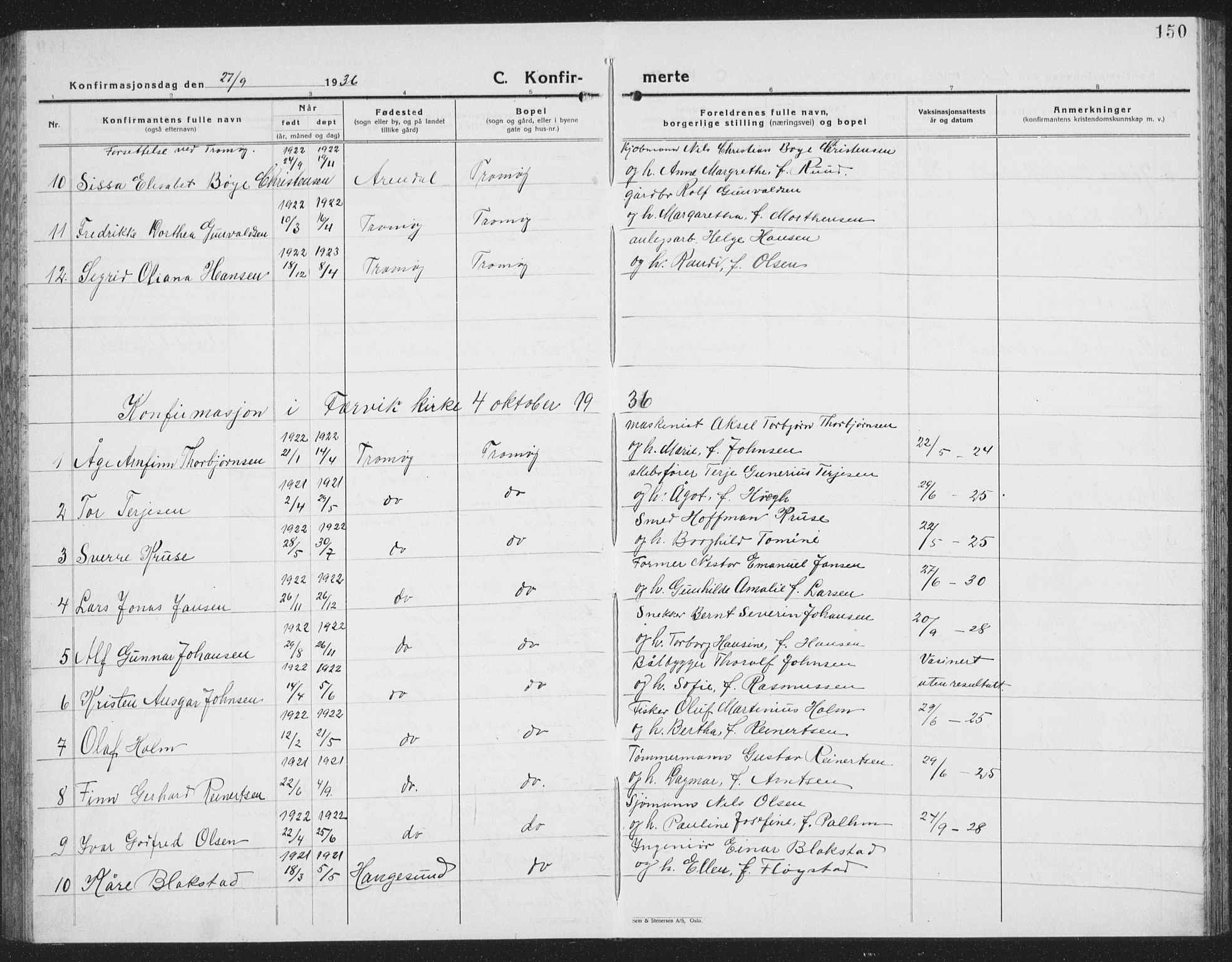 Tromøy sokneprestkontor, AV/SAK-1111-0041/F/Fb/L0008: Parish register (copy) no. B 8, 1925-1938, p. 150