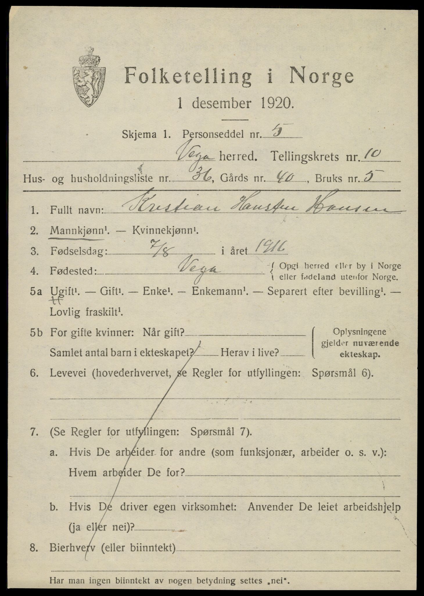 SAT, 1920 census for Vega, 1920, p. 5495