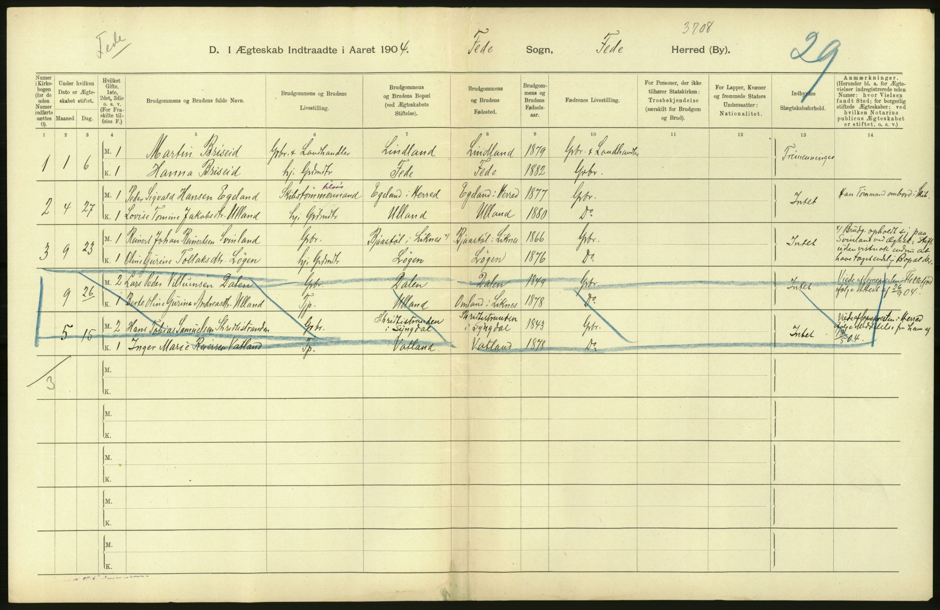 Statistisk sentralbyrå, Sosiodemografiske emner, Befolkning, AV/RA-S-2228/D/Df/Dfa/Dfab/L0011: Lister og Mandals amt: Fødte, gifte, døde, 1904, p. 424