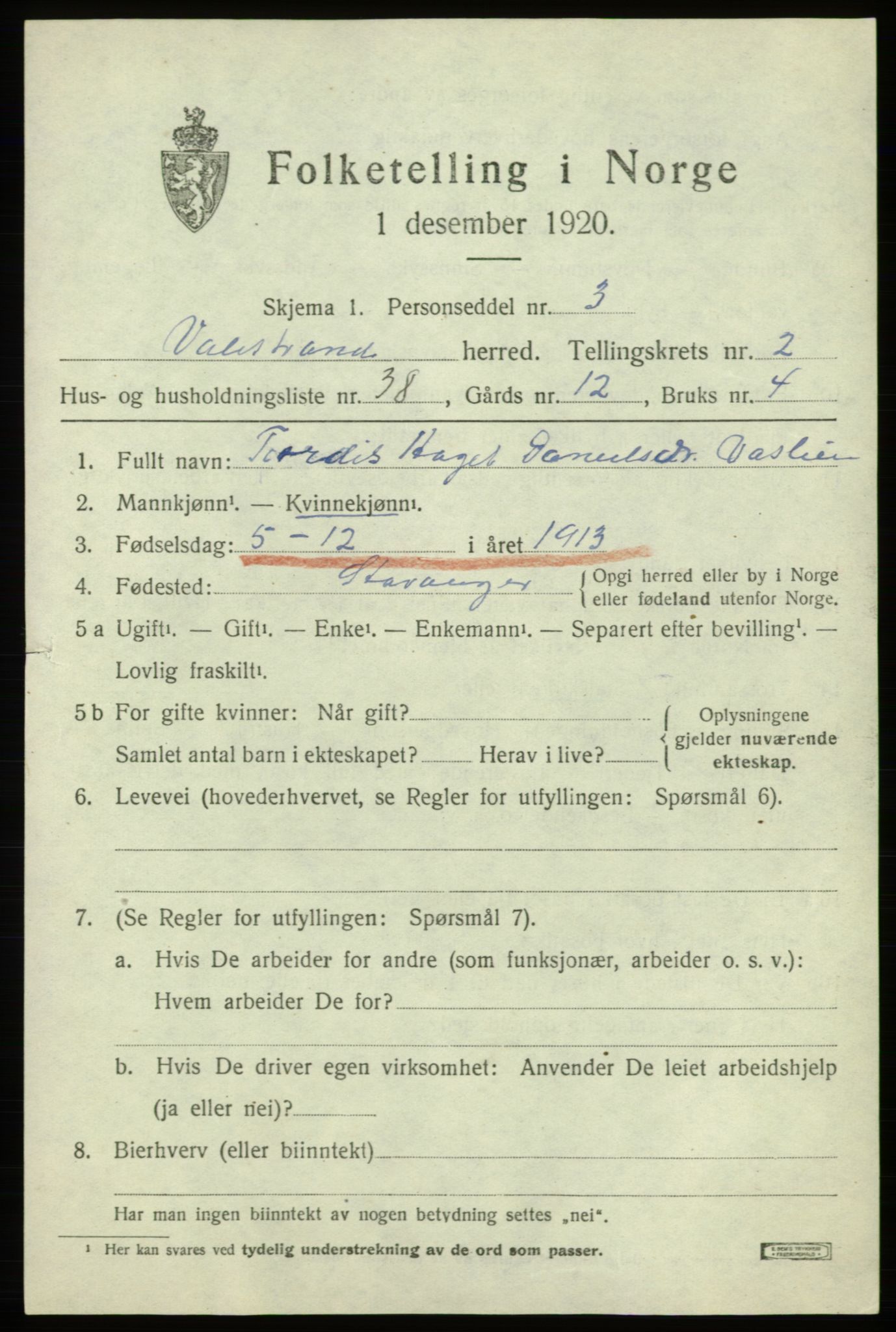 SAB, 1920 census for Valestrand, 1920, p. 1247