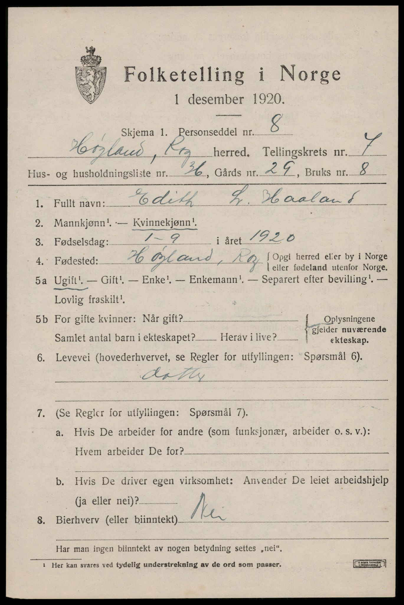 SAST, 1920 census for Høyland, 1920, p. 5084