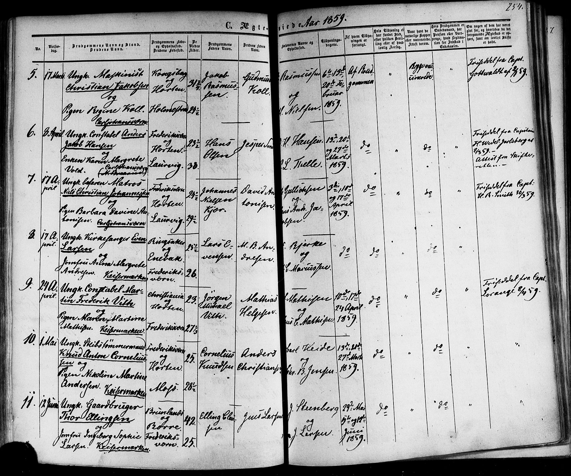 Horten kirkebøker, AV/SAKO-A-348/F/Fa/L0001: Parish register (official) no. 1, 1855-1871, p. 254