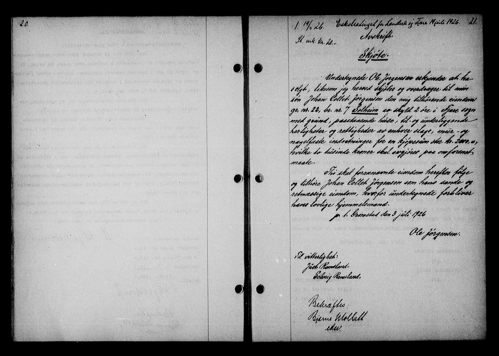 Vestre Nedenes/Sand sorenskriveri, AV/SAK-1221-0010/G/Gb/Gba/L0036: Mortgage book no. 62, 1926-1928, p. 20-21