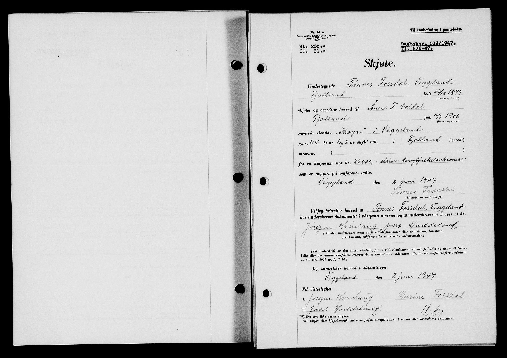 Flekkefjord sorenskriveri, SAK/1221-0001/G/Gb/Gba/L0062: Mortgage book no. A-10, 1947-1947, Diary no: : 519/1947