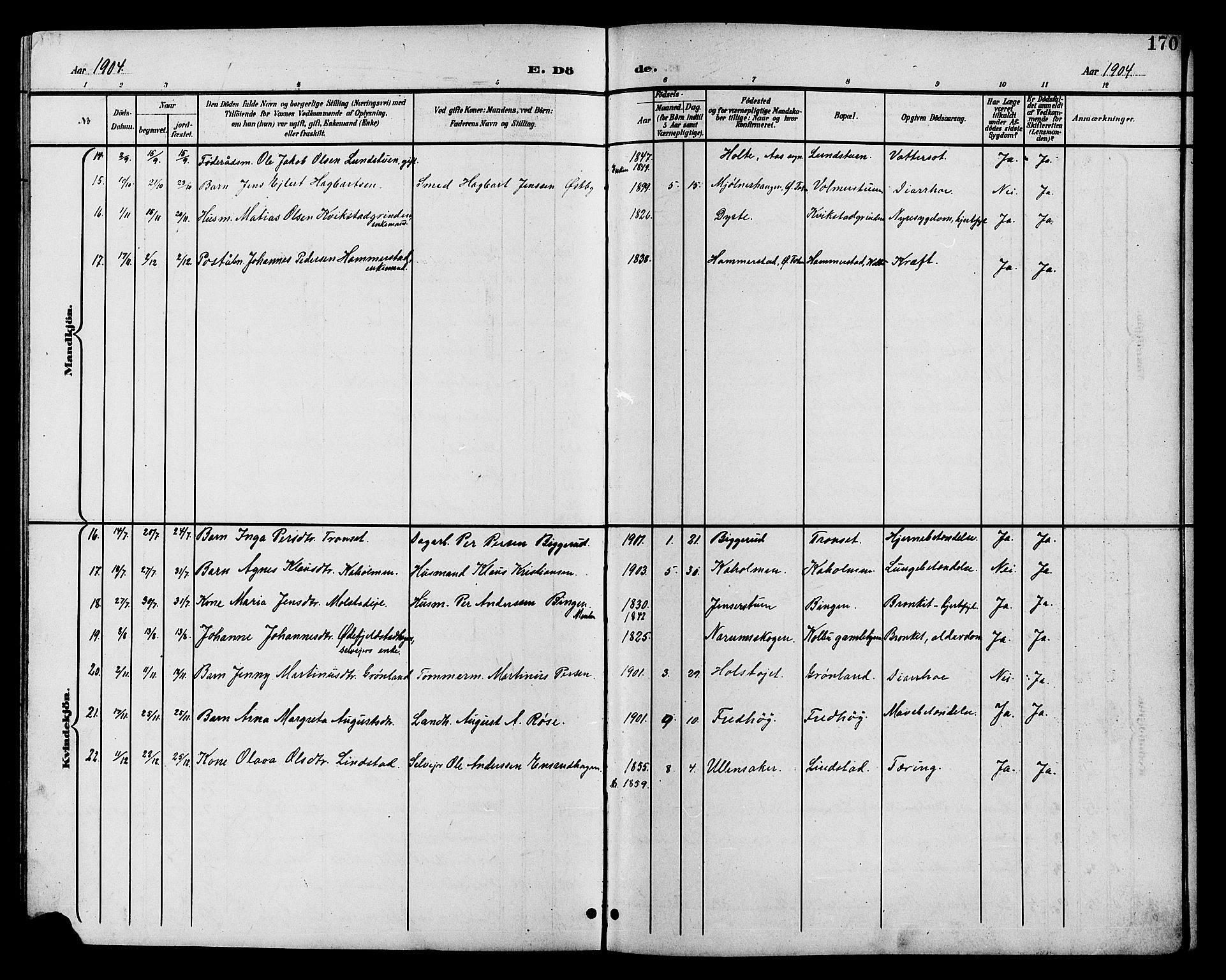 Vestre Toten prestekontor, SAH/PREST-108/H/Ha/Hab/L0011: Parish register (copy) no. 11, 1901-1911, p. 170