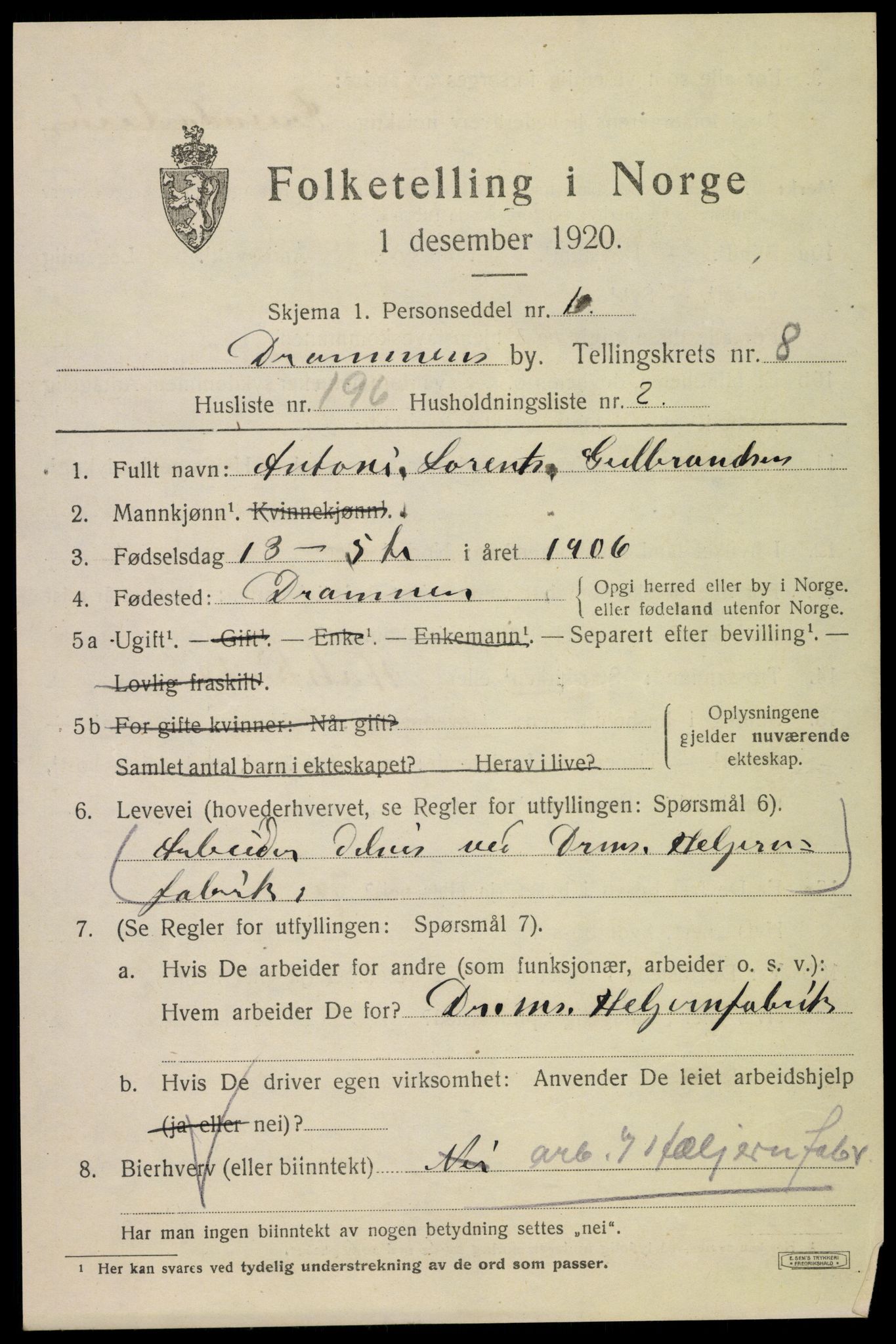 SAKO, 1920 census for Drammen, 1920, p. 58029